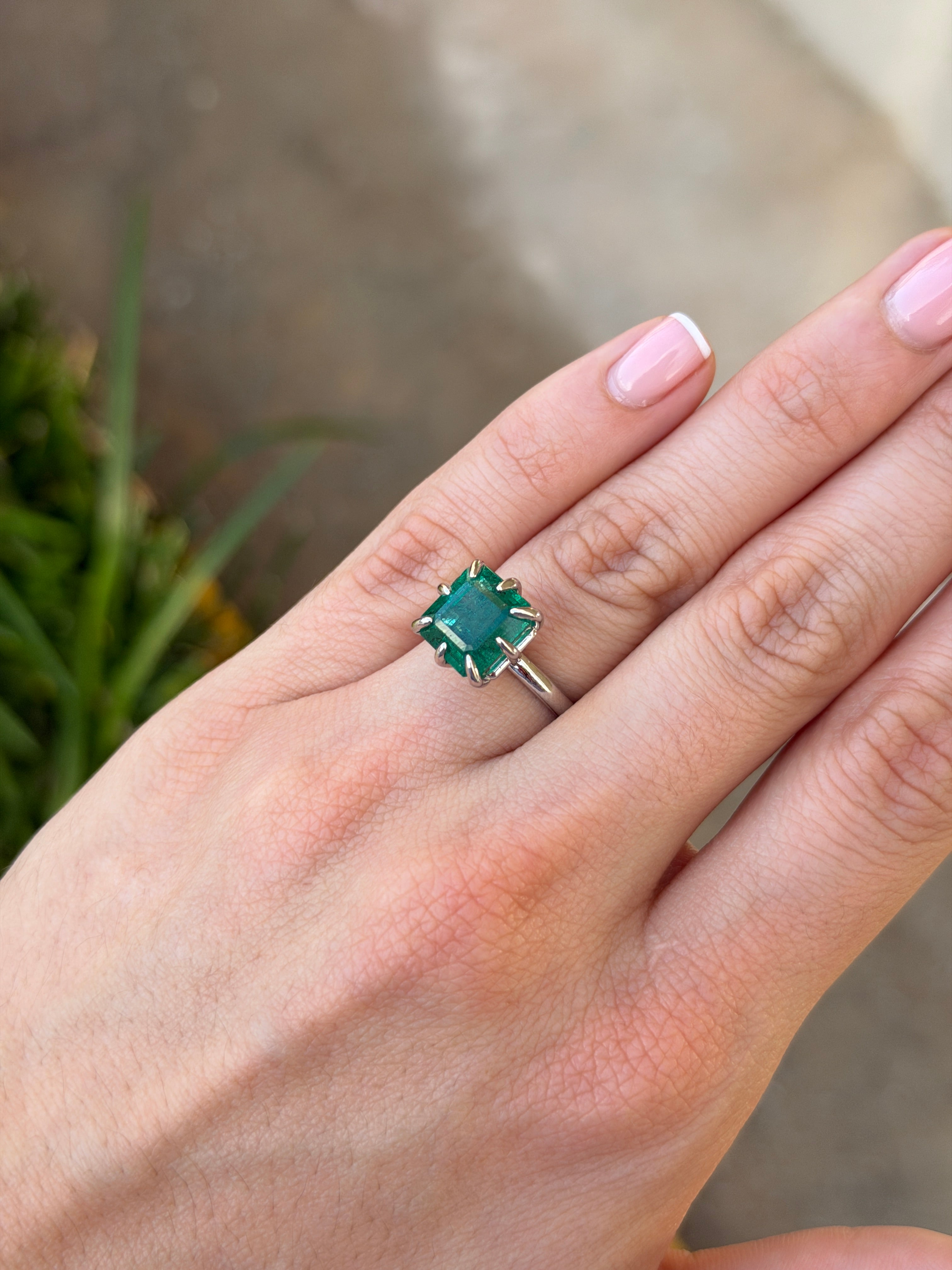 Asscher cut 5.84 carat solitaire diamond ring in 14K white gold with multi-prong setting, by JR Colombian Emeralds.