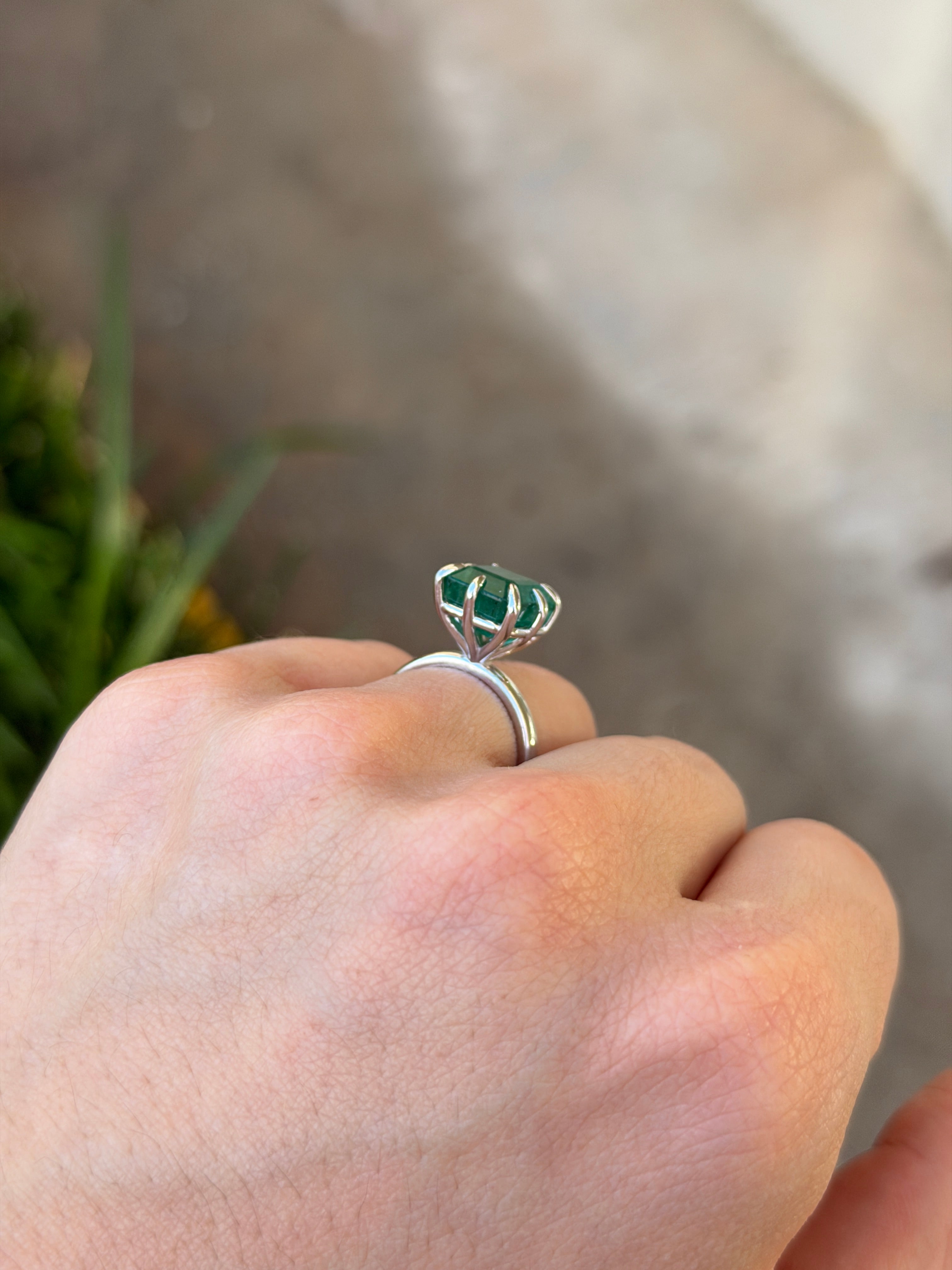 Asscher cut solitaire diamond ring with 5.84 carats in 14K white gold, featuring a multi-prong setting by JR Colombian Emeralds.