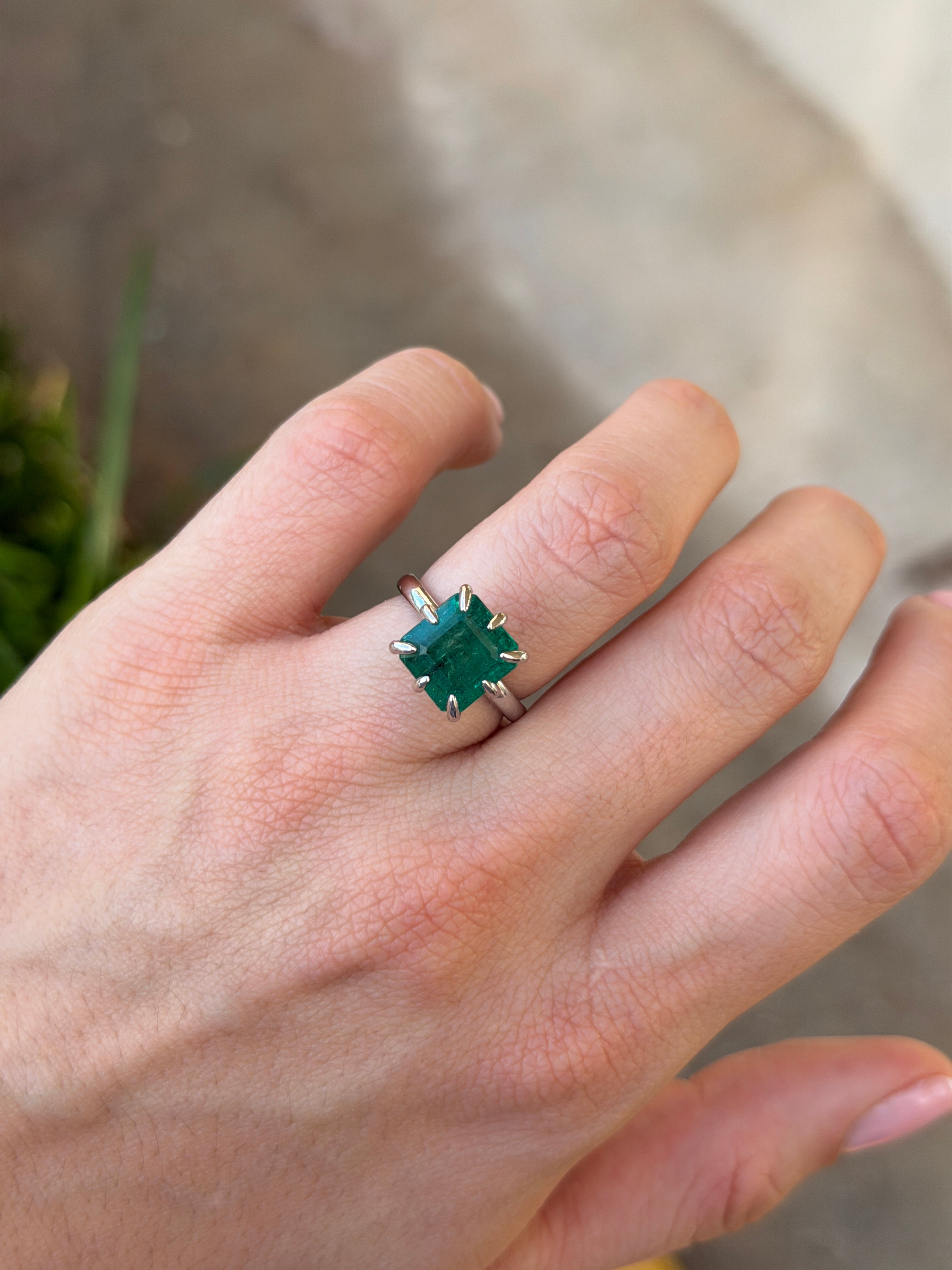 Asscher cut 5.84 carat diamond solitaire ring in 14K white gold featuring a multi-prong setting, by JR Colombian Emeralds.