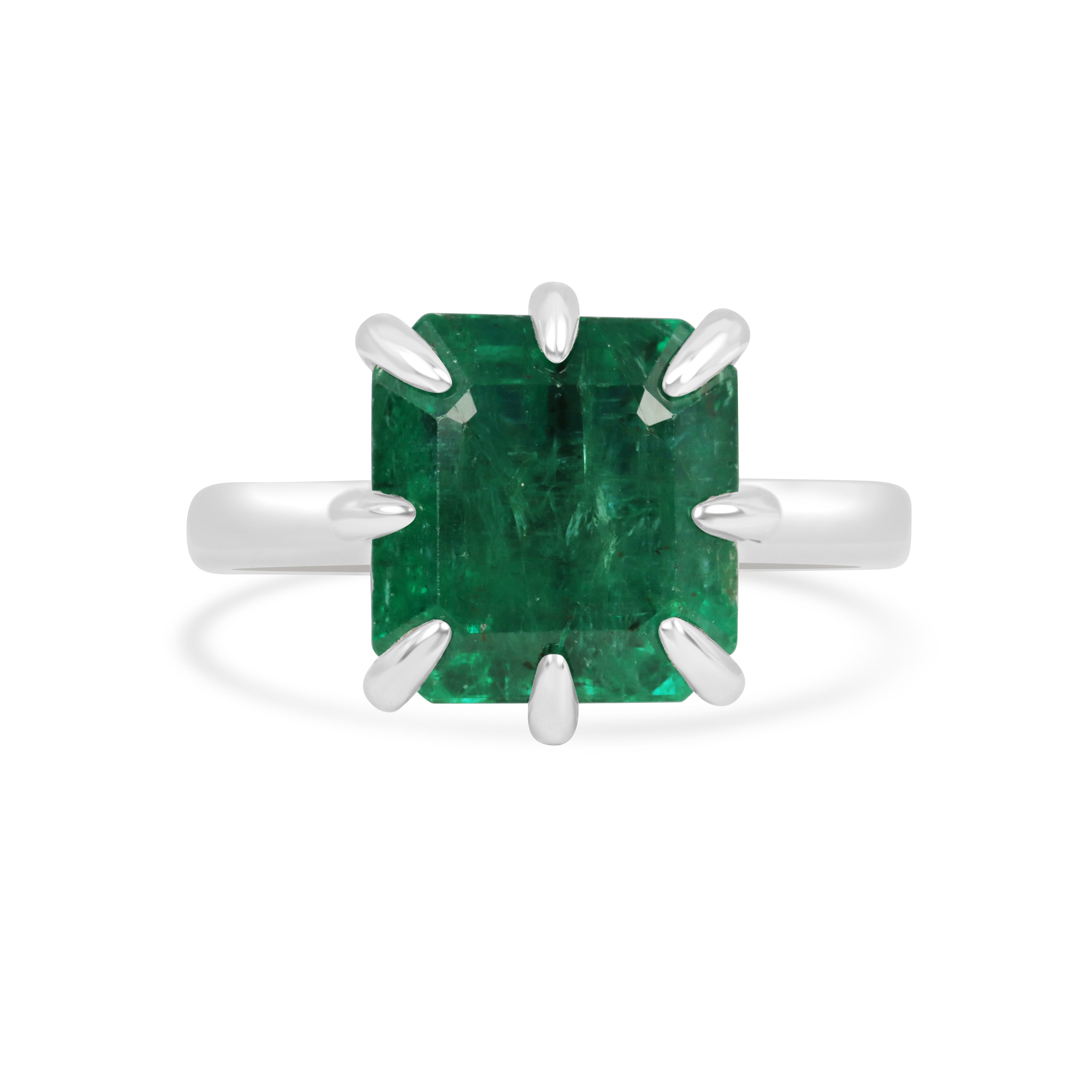 Asscher cut solitaire diamond ring with 5.84 carats in 14K white gold, featuring a multi-prong setting by JR Colombian Emeralds