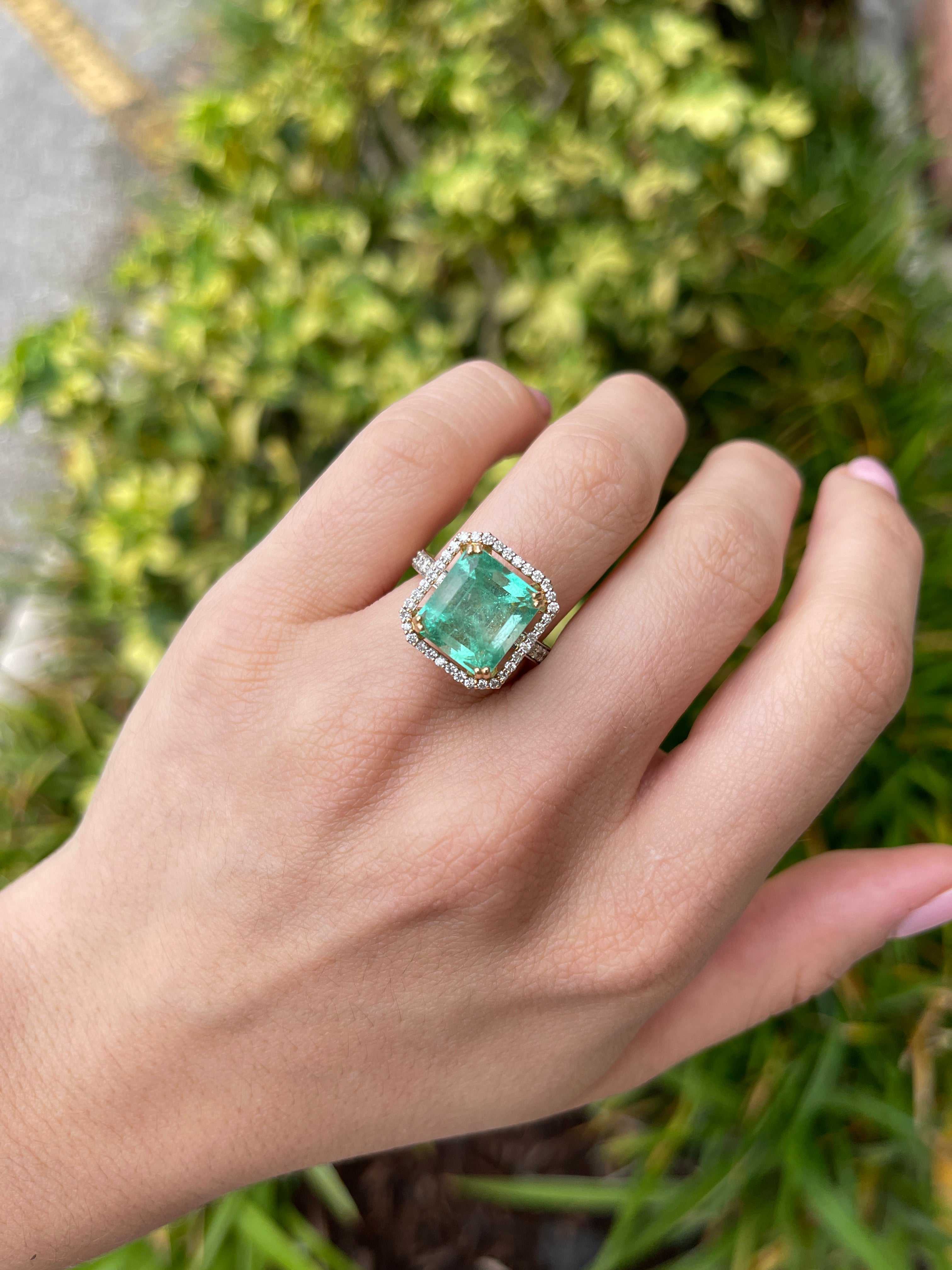 Large Colombian emerald Asscher cut engagement ring with diamond halo, 18K gold, featuring a 7.82tcw natural emerald from JR Colombian Emeralds