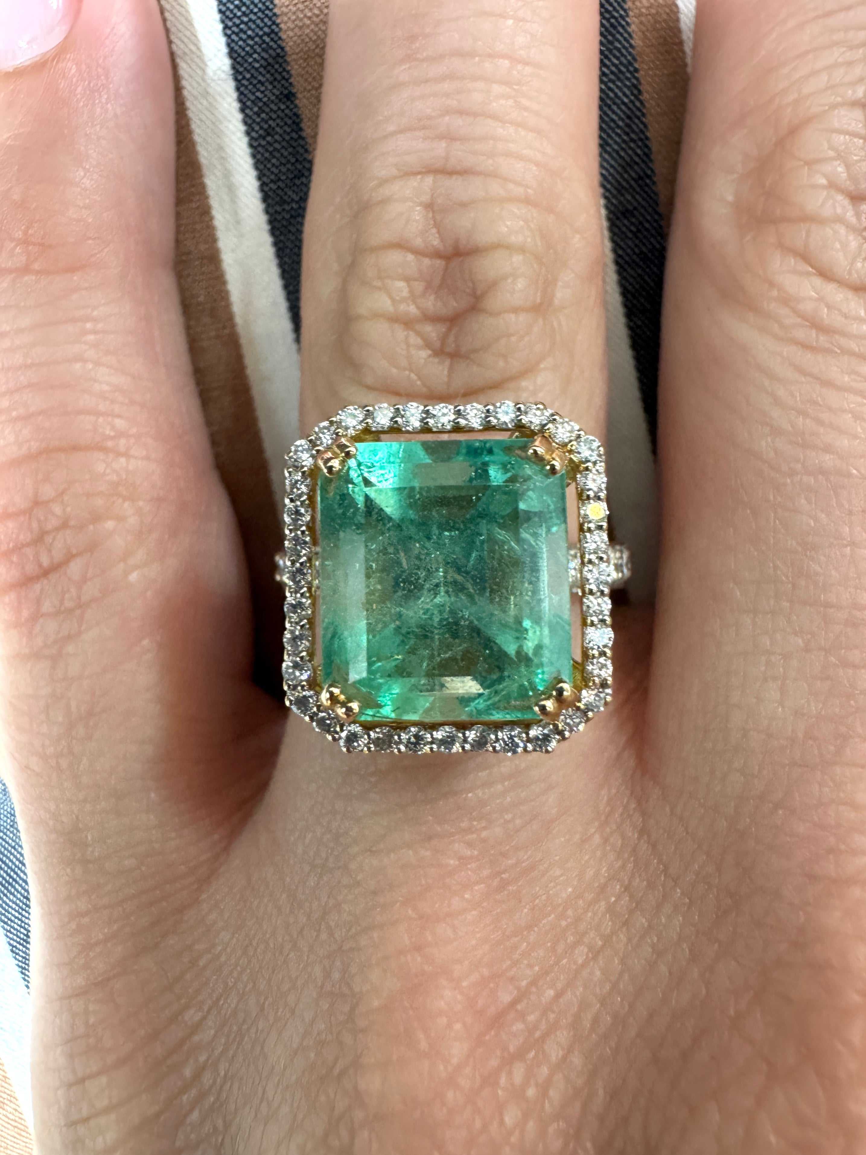 Large Colombian emerald Asscher cut engagement ring with diamond halo, 18K gold, by JR Colombian Emeralds.