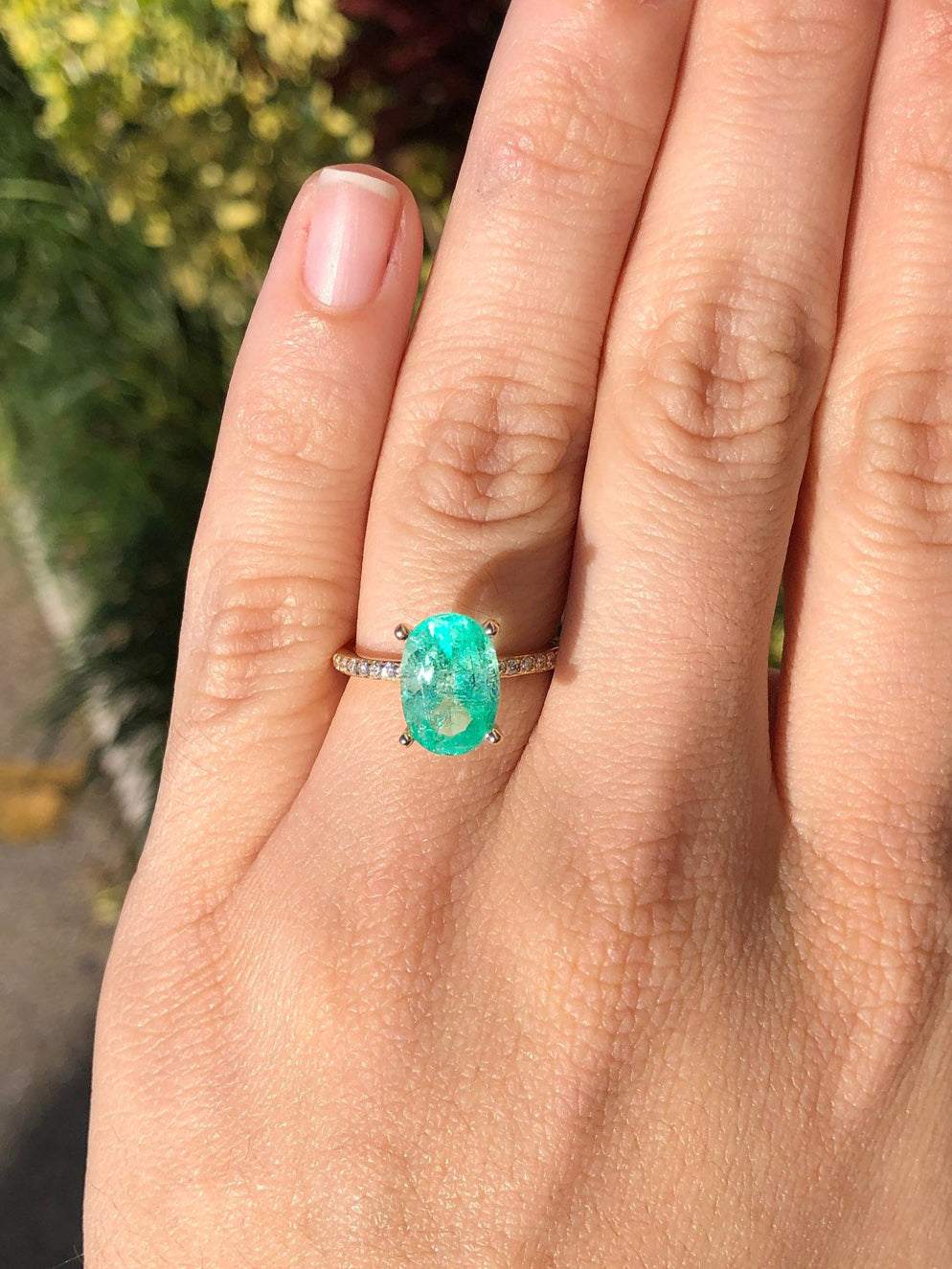 3.10tcw Oval Colombian Emerald & Diamond Accent Shank Engagement Ring 14K