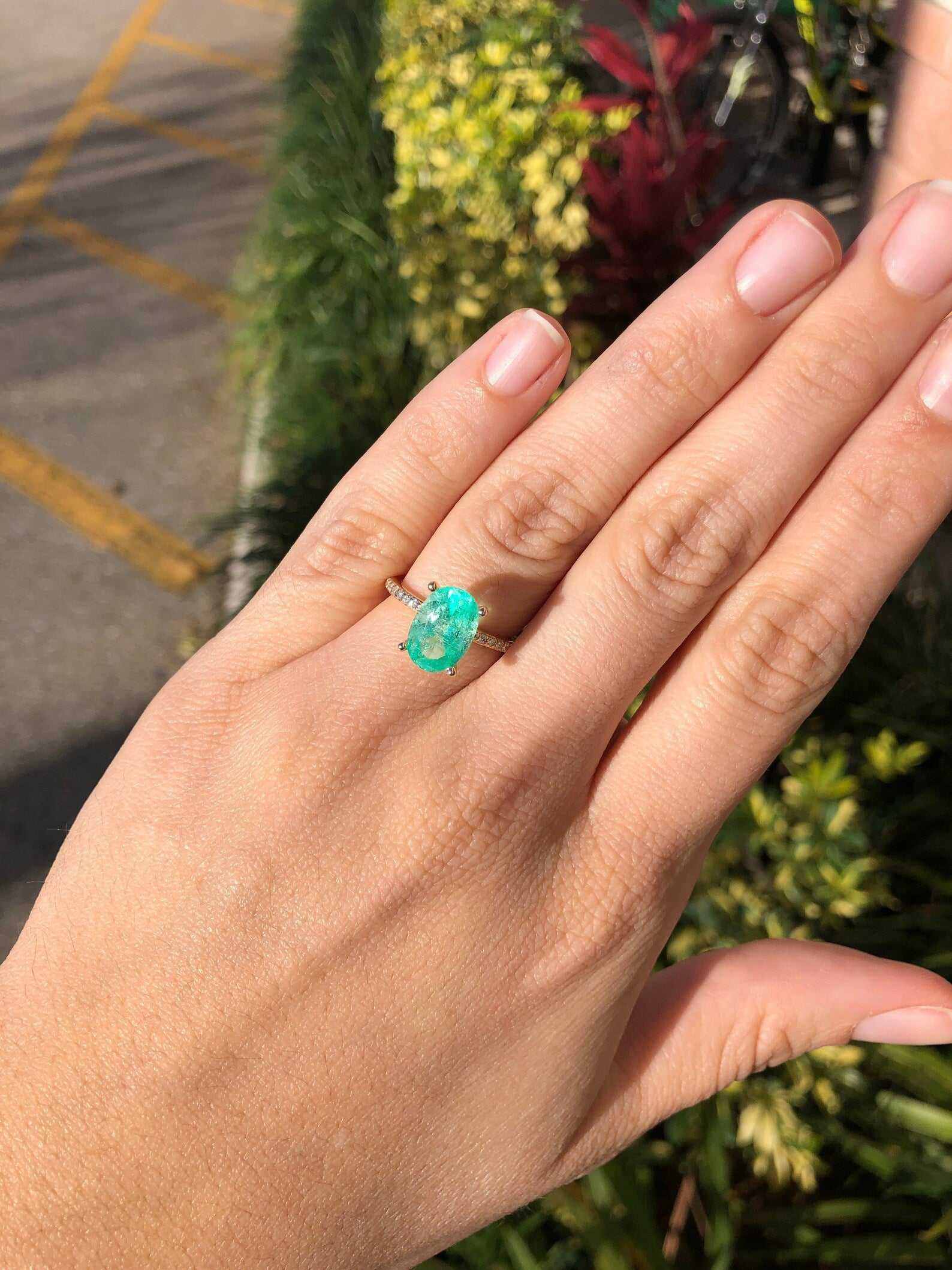 3.10tcw Oval Colombian Emerald & Diamond Accent Shank Engagement Ring 14K