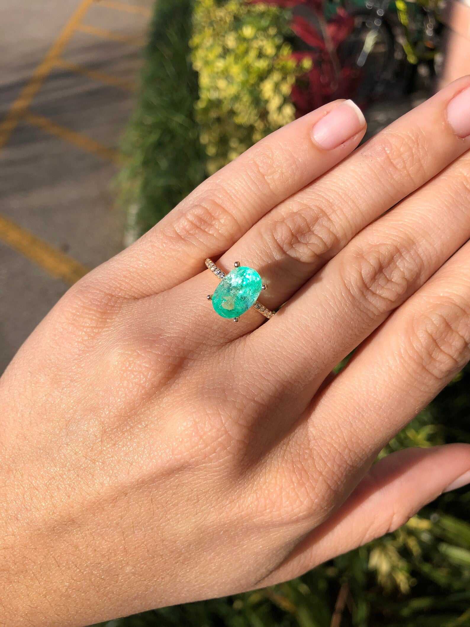 3.10tcw Oval Colombian Emerald & Diamond Accent Shank Engagement Ring 14K