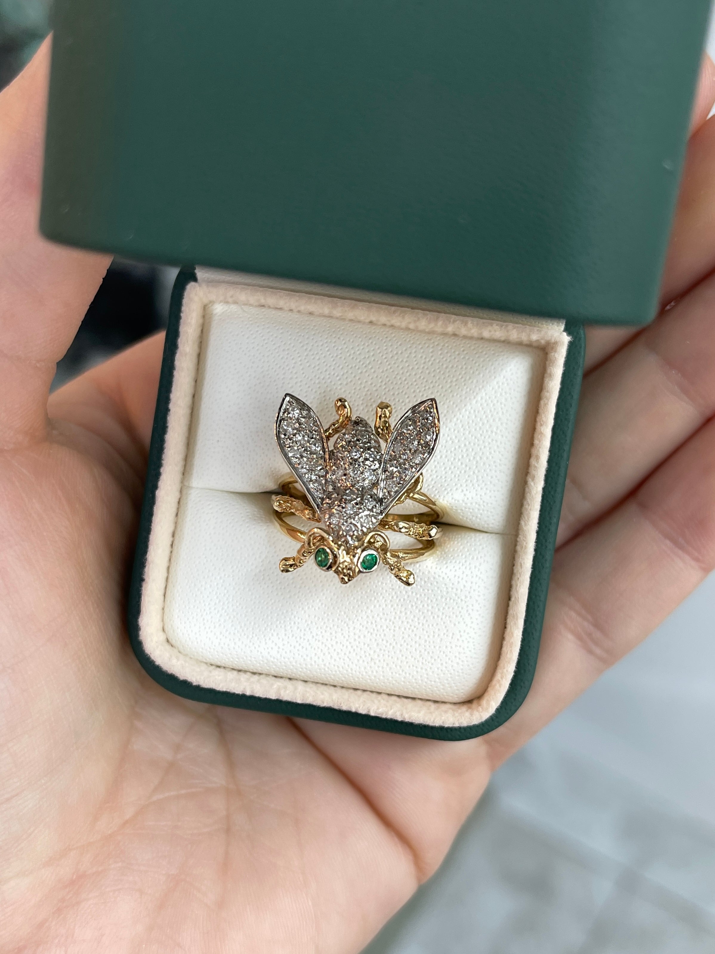 IG Exclusive 0.40tcw Emerald & Diamond Bee Ring 14K Two Toned - JR Colombian Emeralds