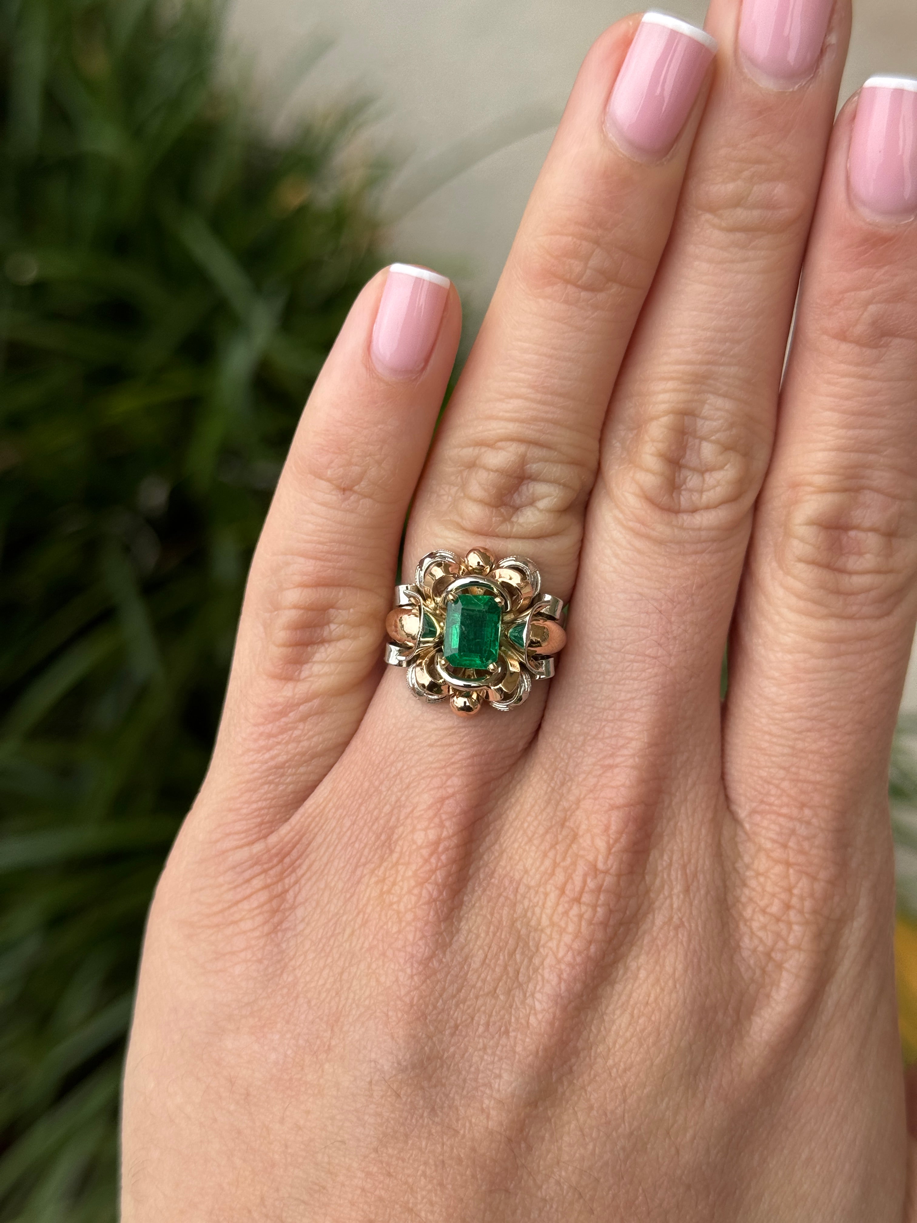 1.50 Carat AAA+ Emerald Solitaire Art Deco Ring 18K Rose & White Gold