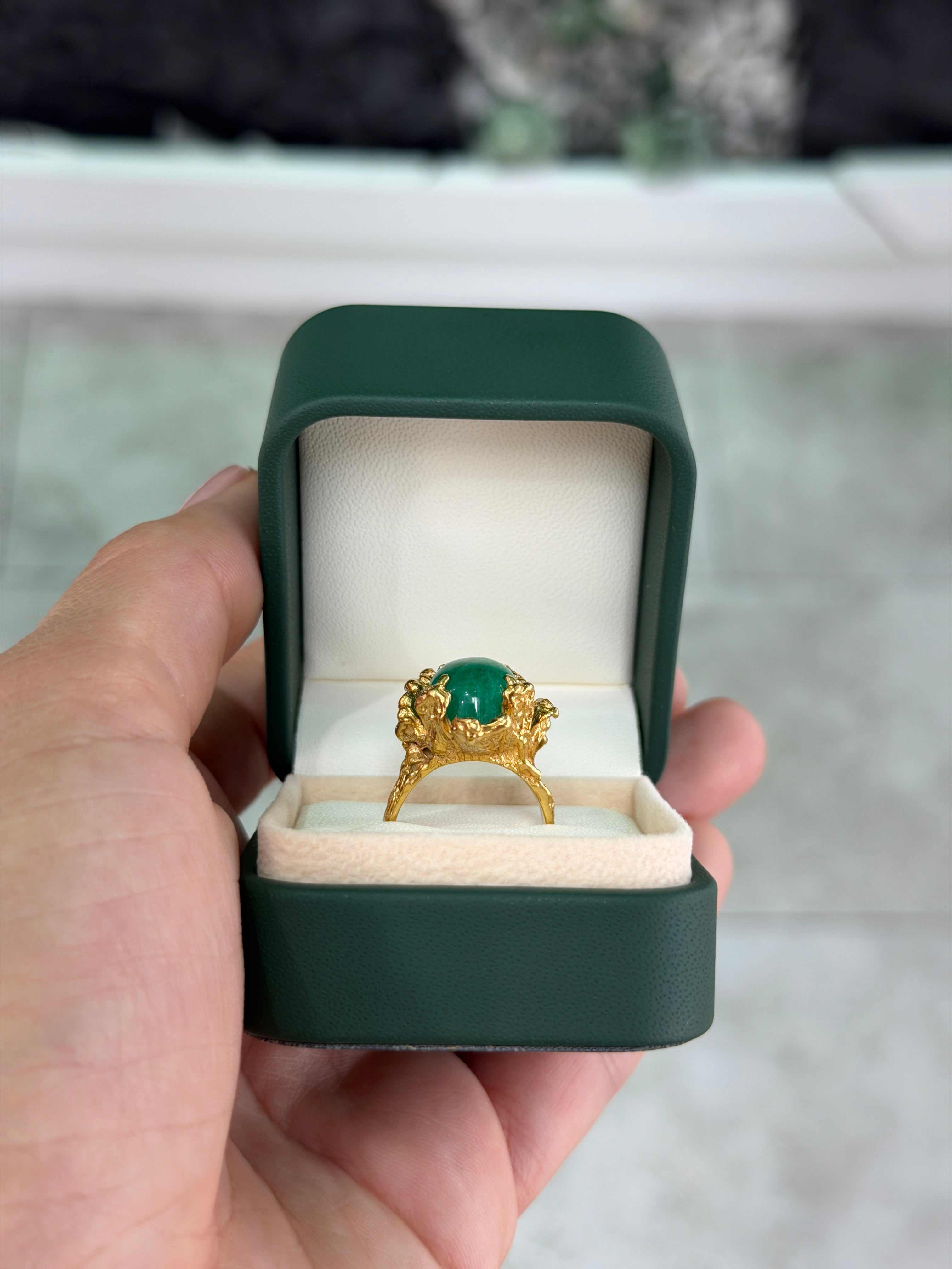 12.87ct 18K Natural Cabochon Cut Oval Emerald Solitaire Nugget Gold Ring