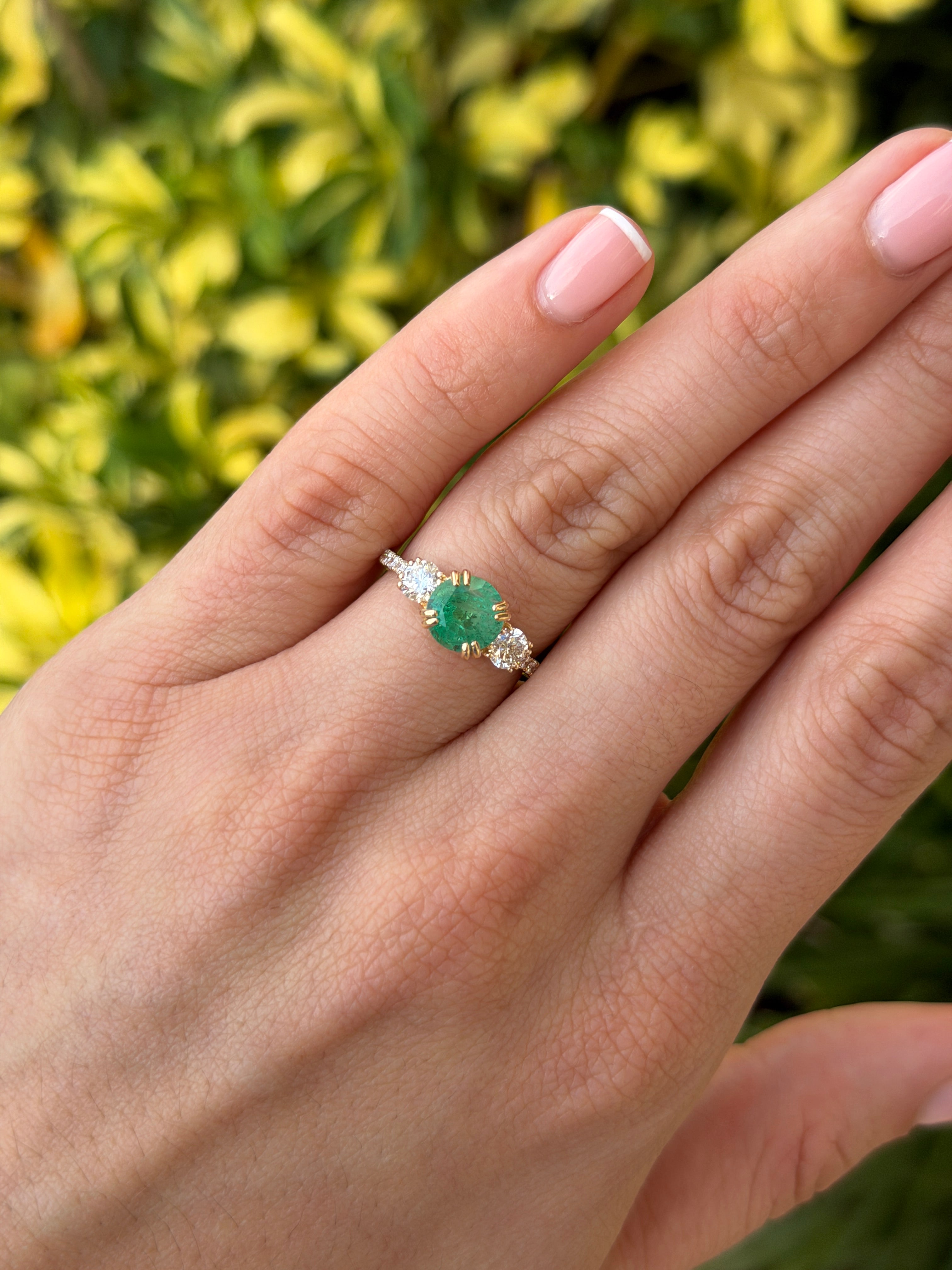 14K gold engagement ring with 2.60tcw natural round emerald and lab diamond accents, three-stone design by JR Colombian Emeralds