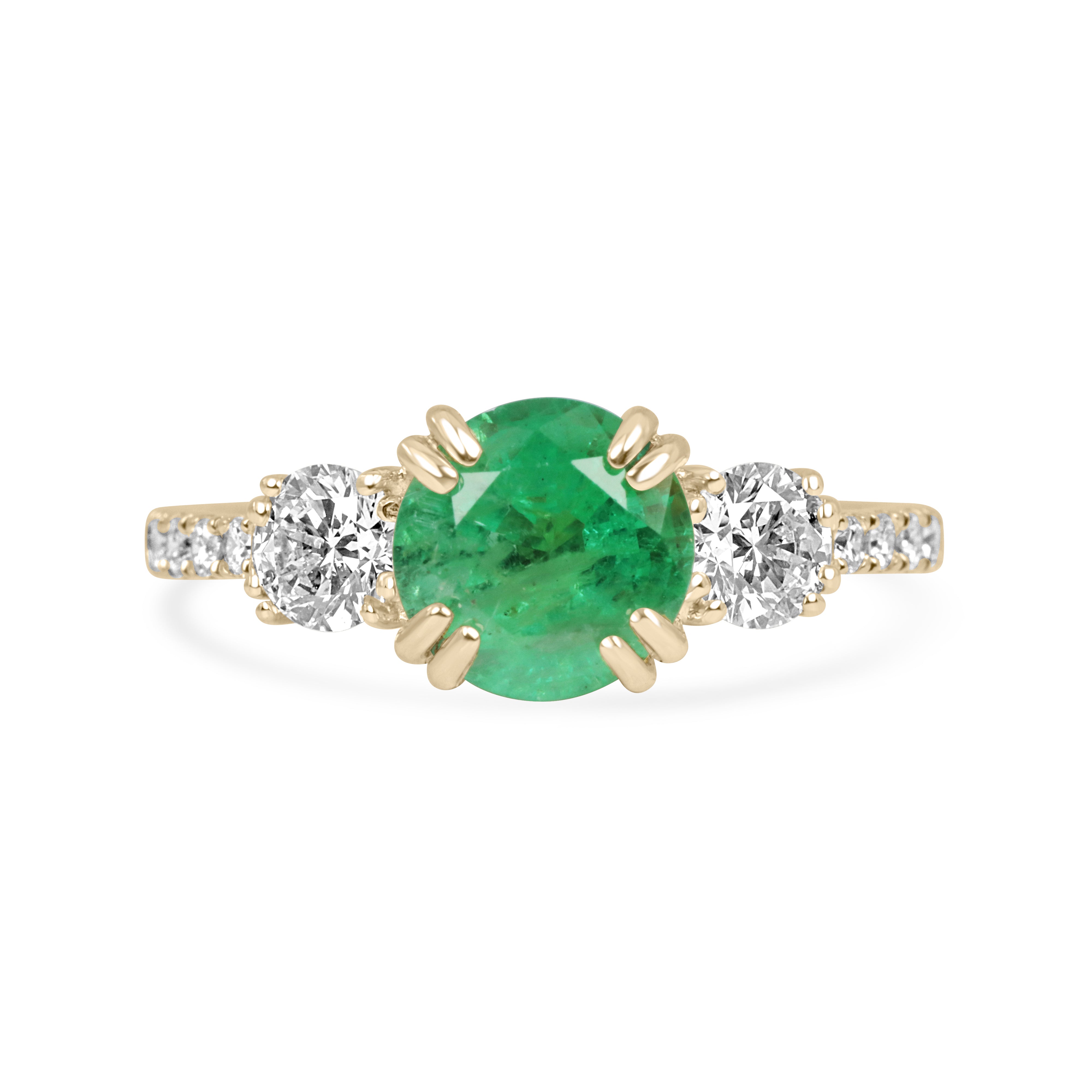 14K Gold engagement ring featuring 2.60tcw natural round emeralds and lab-created diamonds, with three-stone design and accent stones.