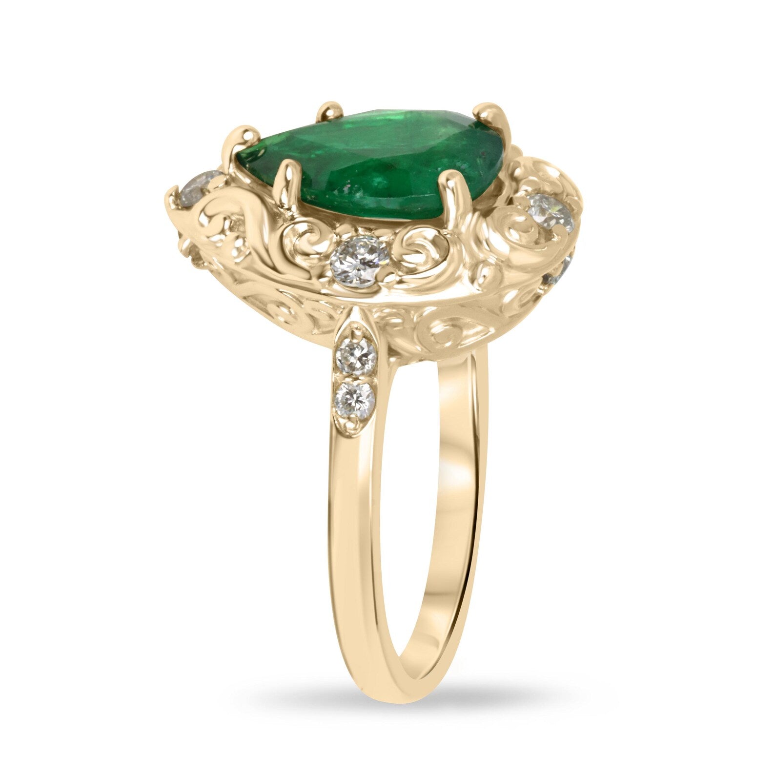 2.66tcw Teardrop Emerald & Diamond Spinkle Scroll Work Vintage Inspired Ring 14K - JR Colombian Emeralds