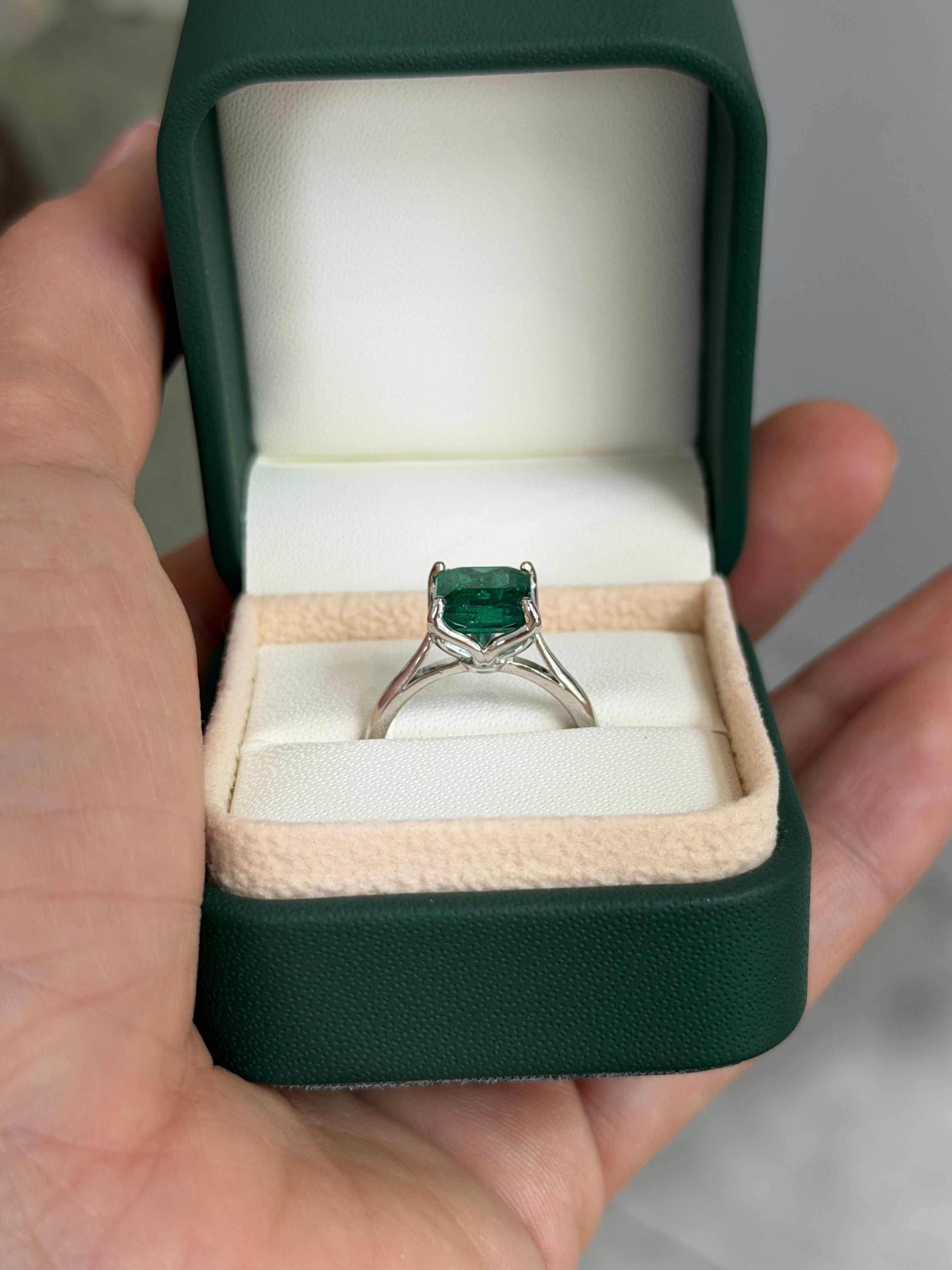 Asscher cut 2.93 carat natural emerald solitaire engagement ring in white gold from JR Colombian Emeralds.