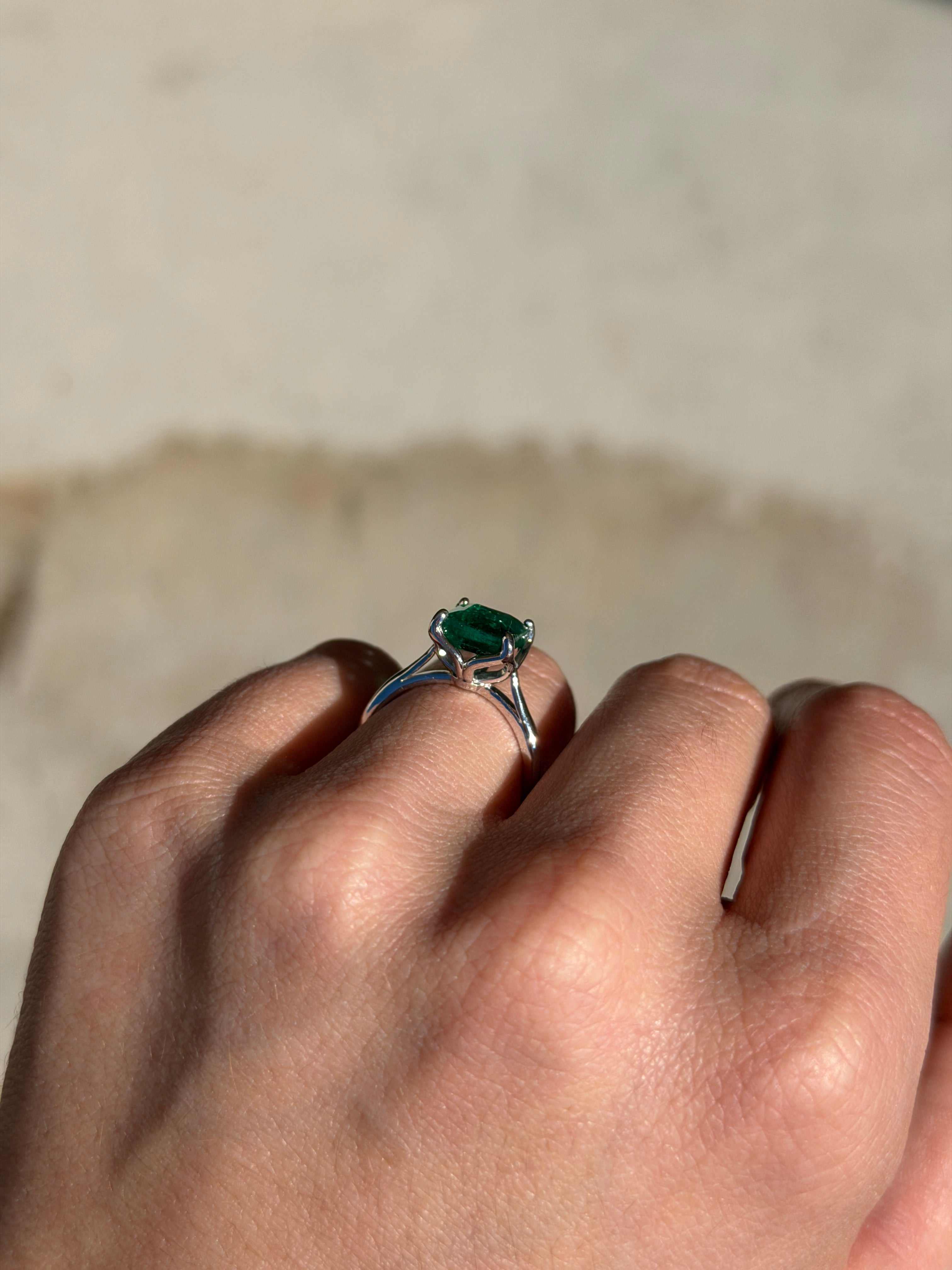 Asscher cut 2.93 carat natural emerald solitaire engagement ring in white gold by JR Colombian Emeralds.