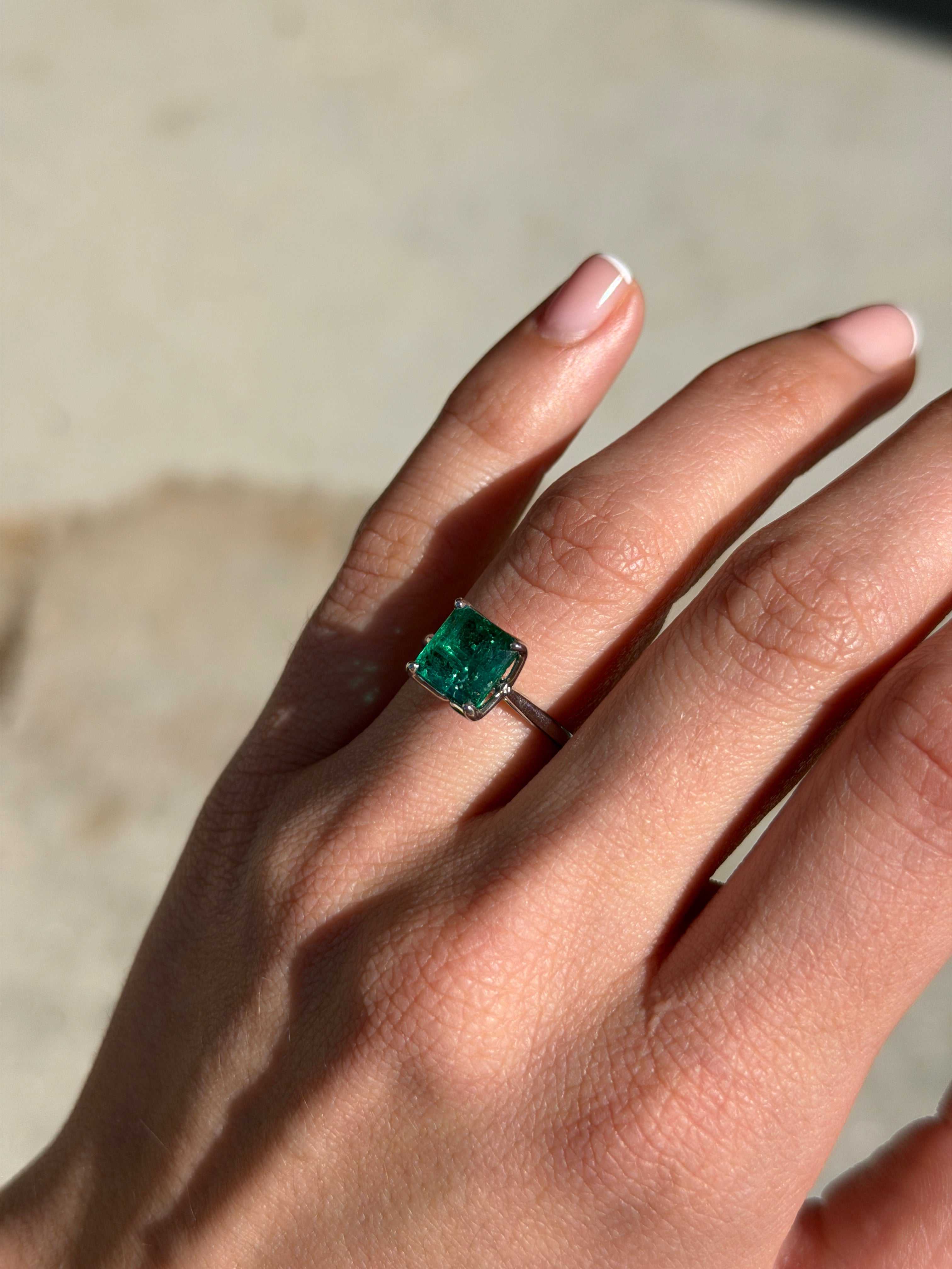 Asscher cut 2.93 carat natural emerald solitaire engagement ring in white gold from JR Colombian Emeralds.