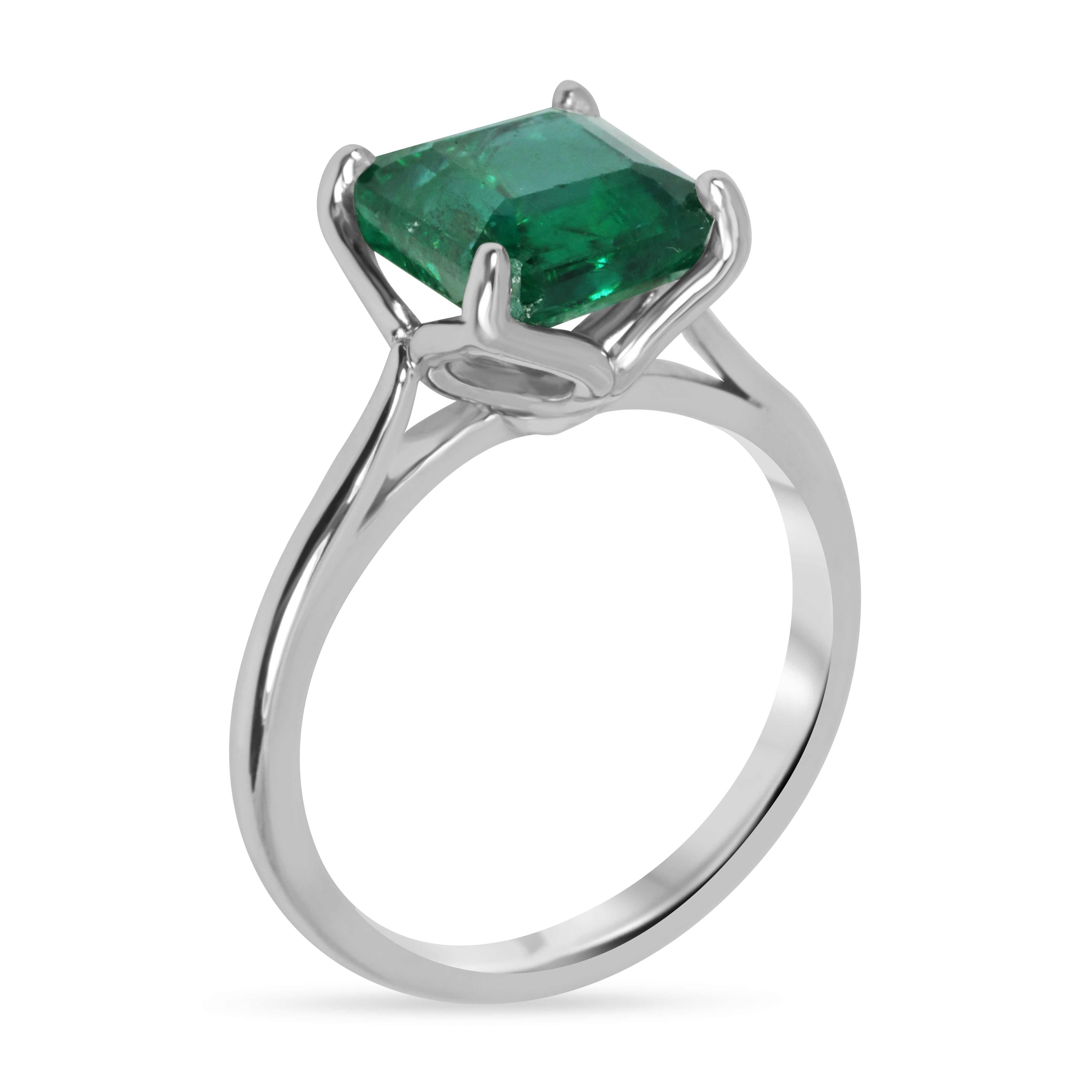 Asscher cut 2.93 carat natural emerald engagement ring in white gold, featuring a solitaire design by JR Colombian Emeralds.
