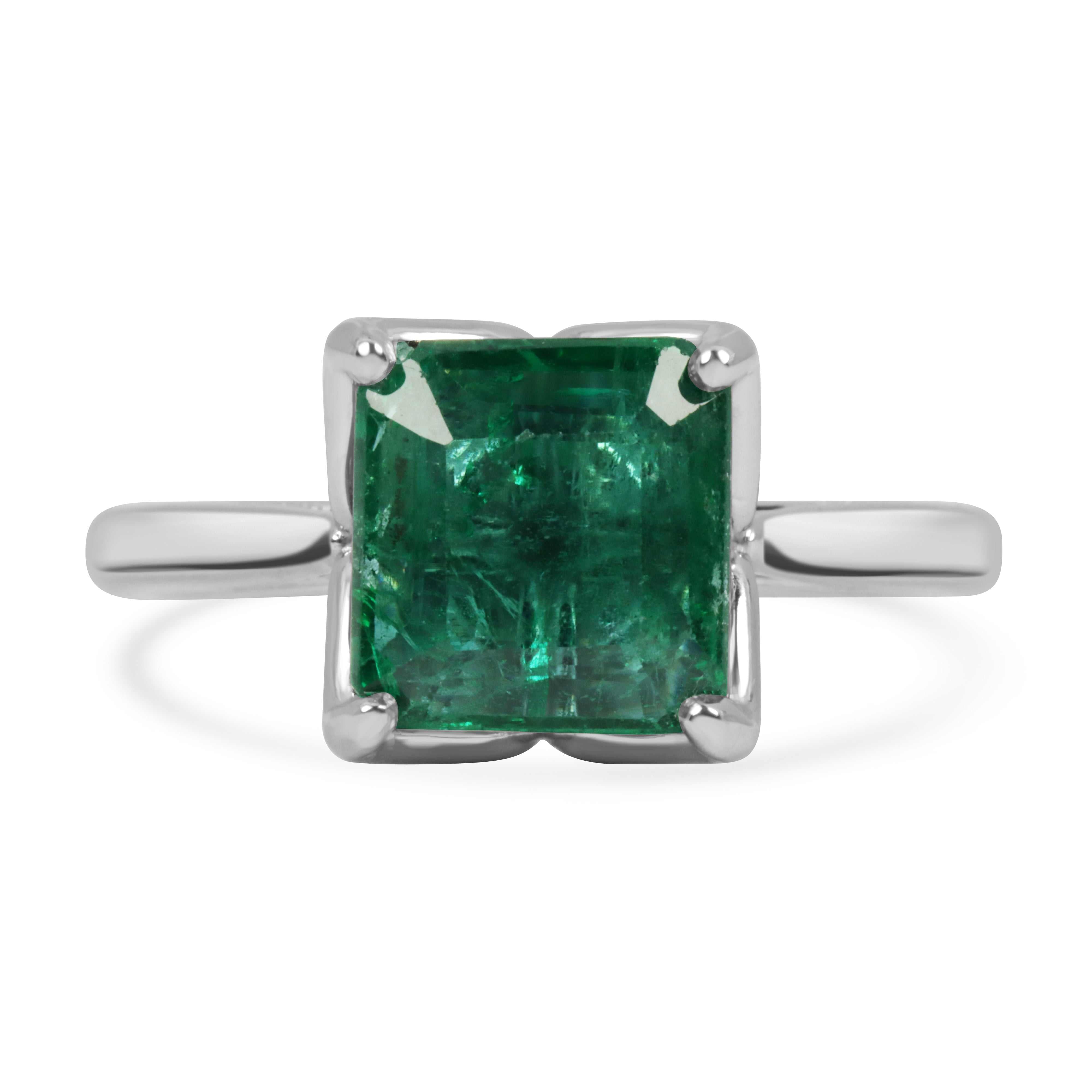 Asscher cut natural emerald solitaire engagement ring with white gold band, 2.93 carats, by JR Colombian Emeralds.