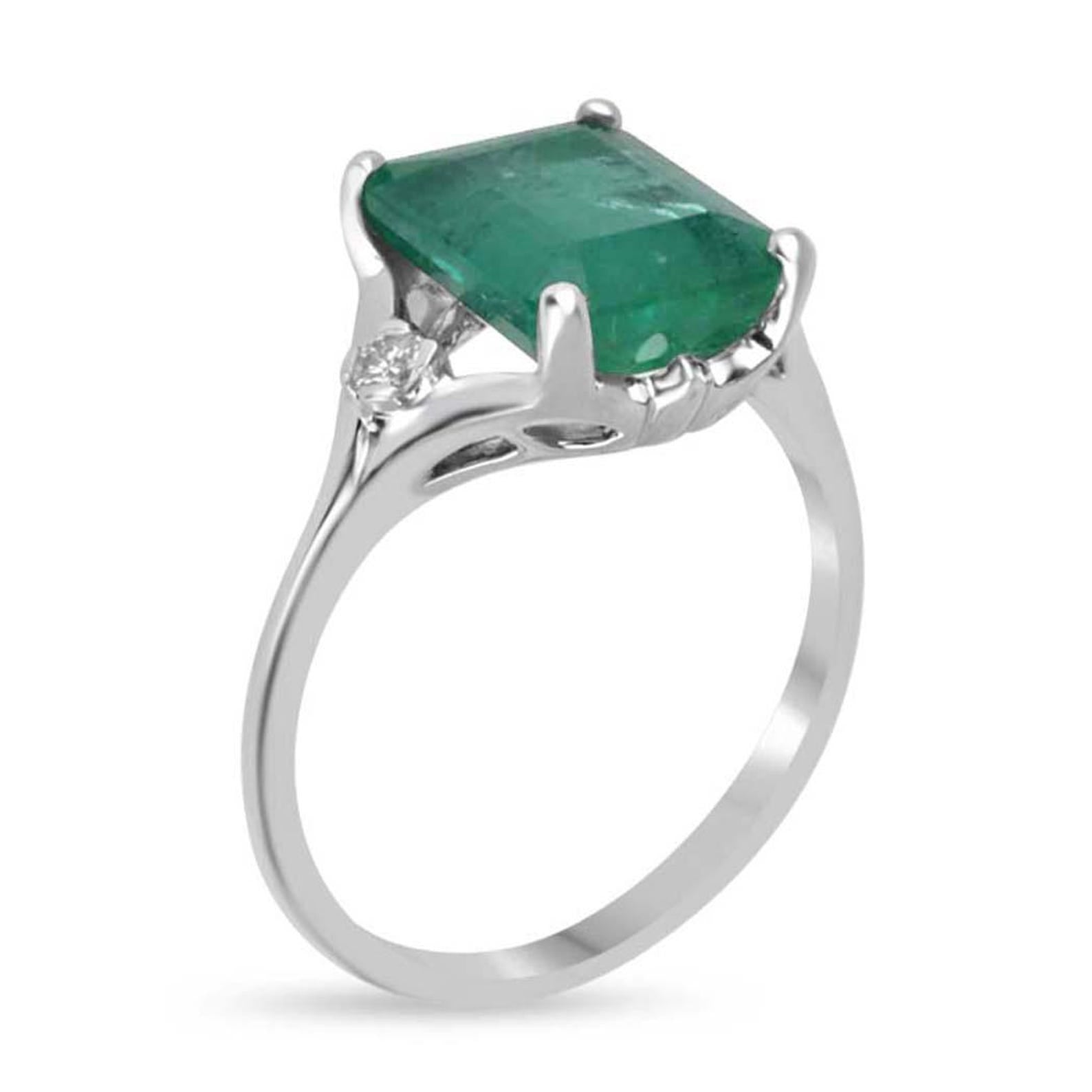 3.20tcw Natural Emerald & Diamond Three Stone Ring 14K White Gold