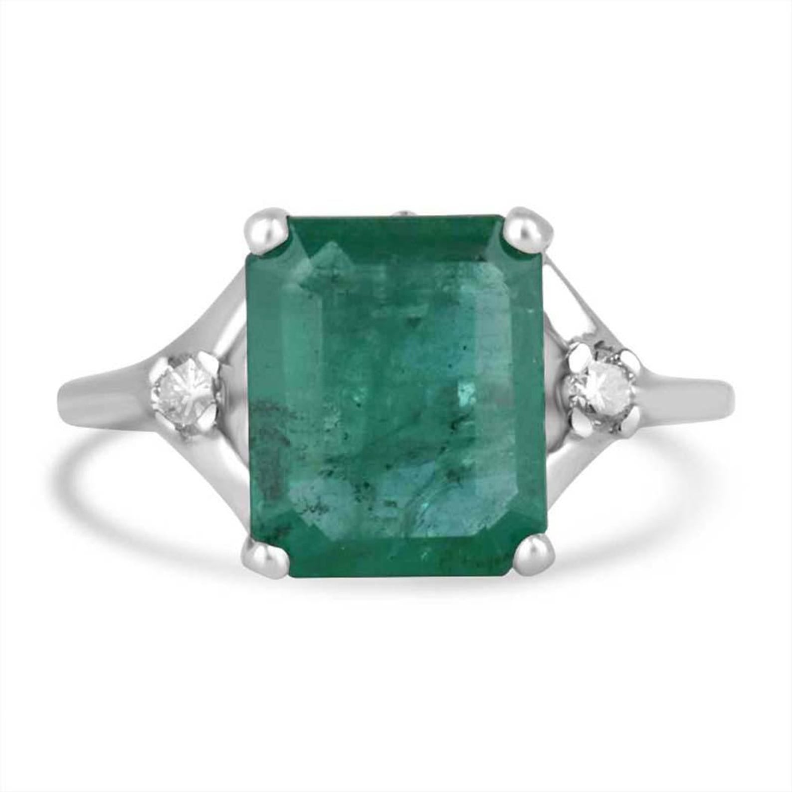 3.20tcw Natural Emerald & Diamond Three Stone Ring 14K White Gold
