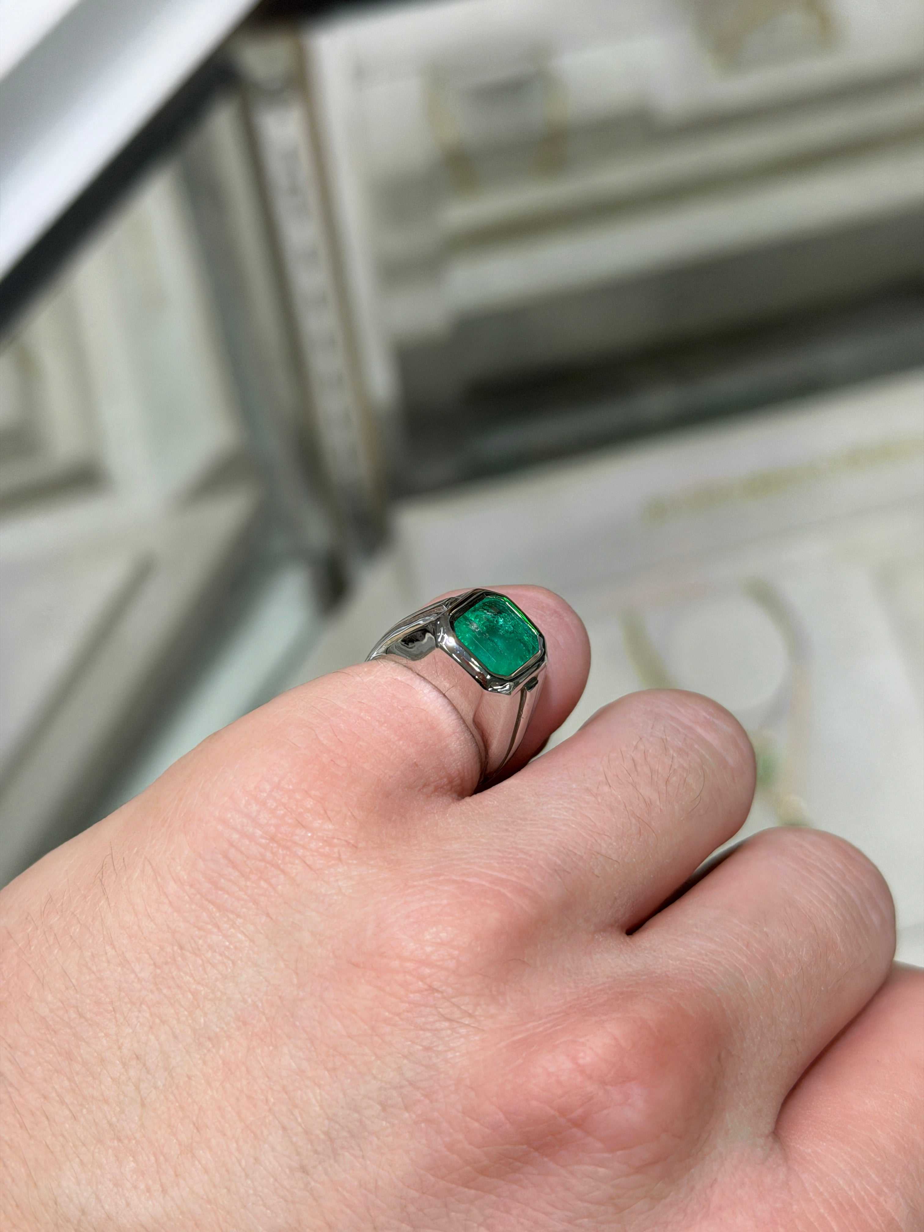 3.25ct Asscher Cut Colombian Emerald Solitaire Pinky Signet Ring 14K White Gold