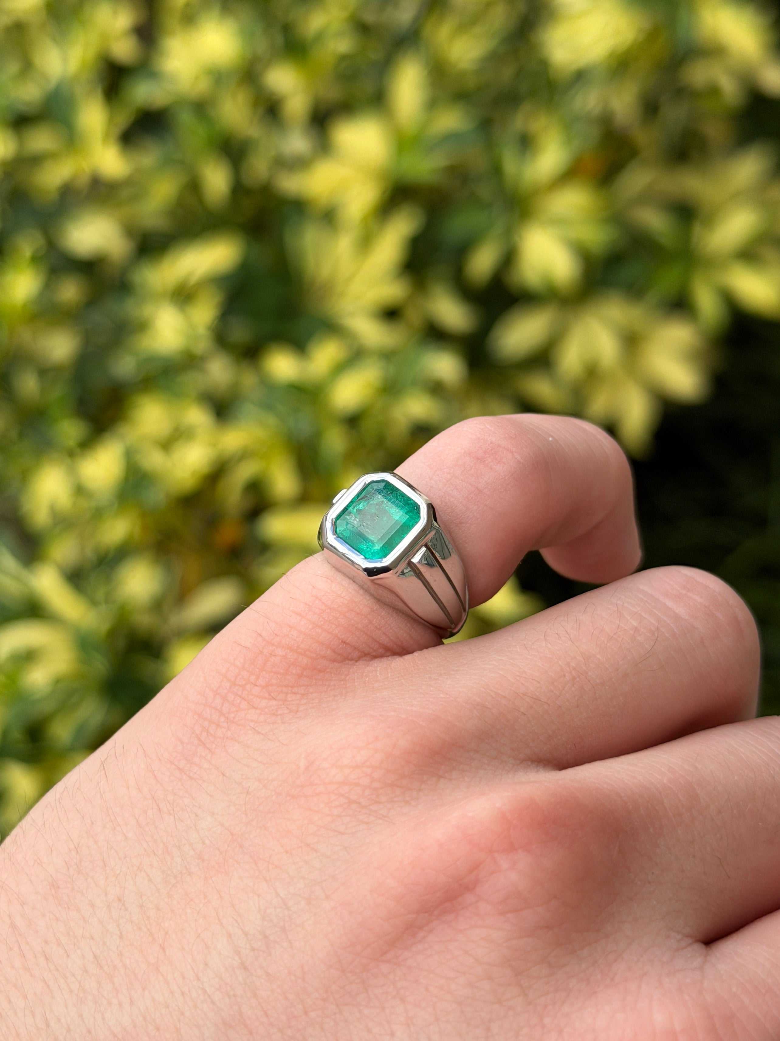 3.25ct Asscher Cut Colombian Emerald Solitaire Pinky Signet Ring 14K White Gold