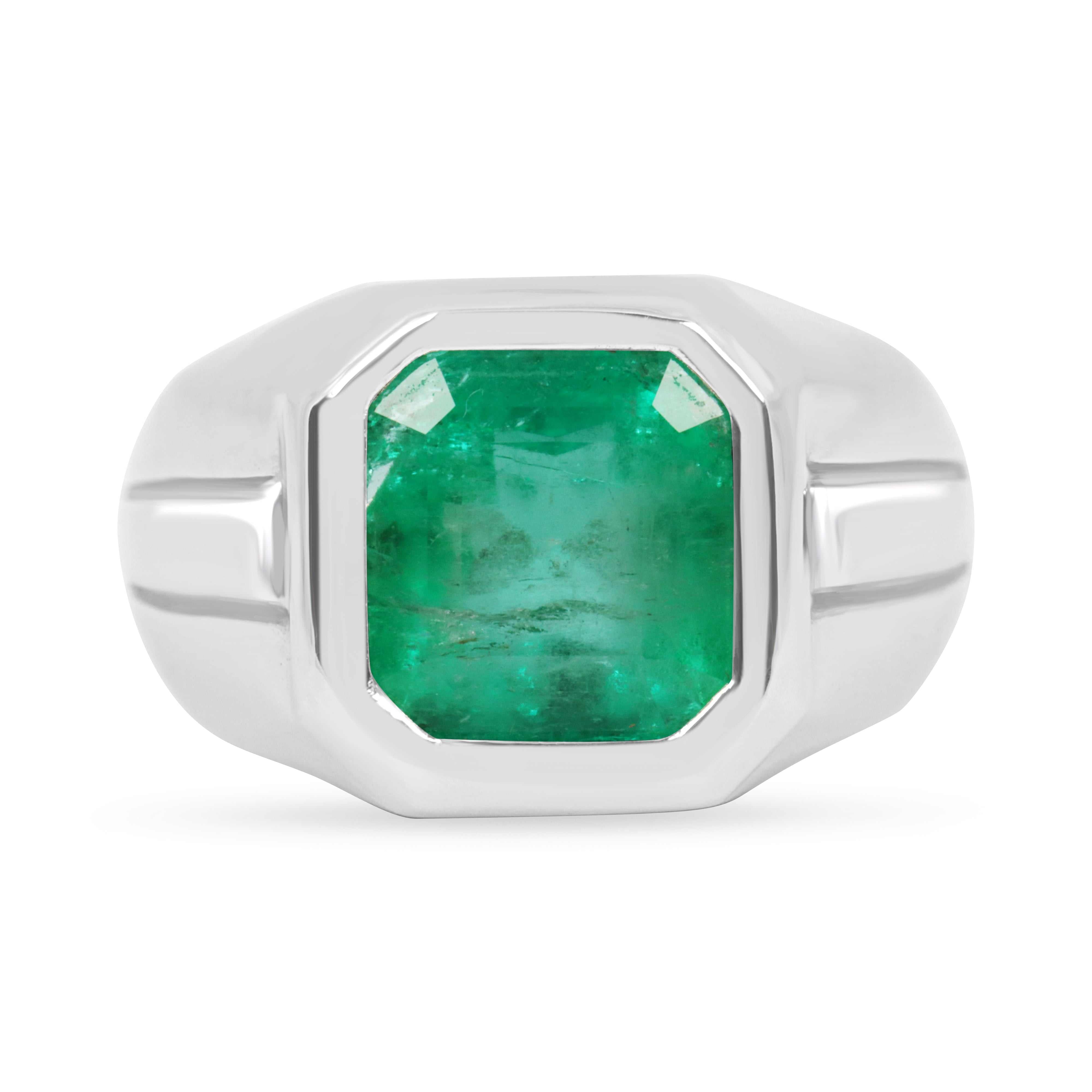 3.25ct Asscher cut Colombian emerald pinky ring in 14K white gold bezel setting