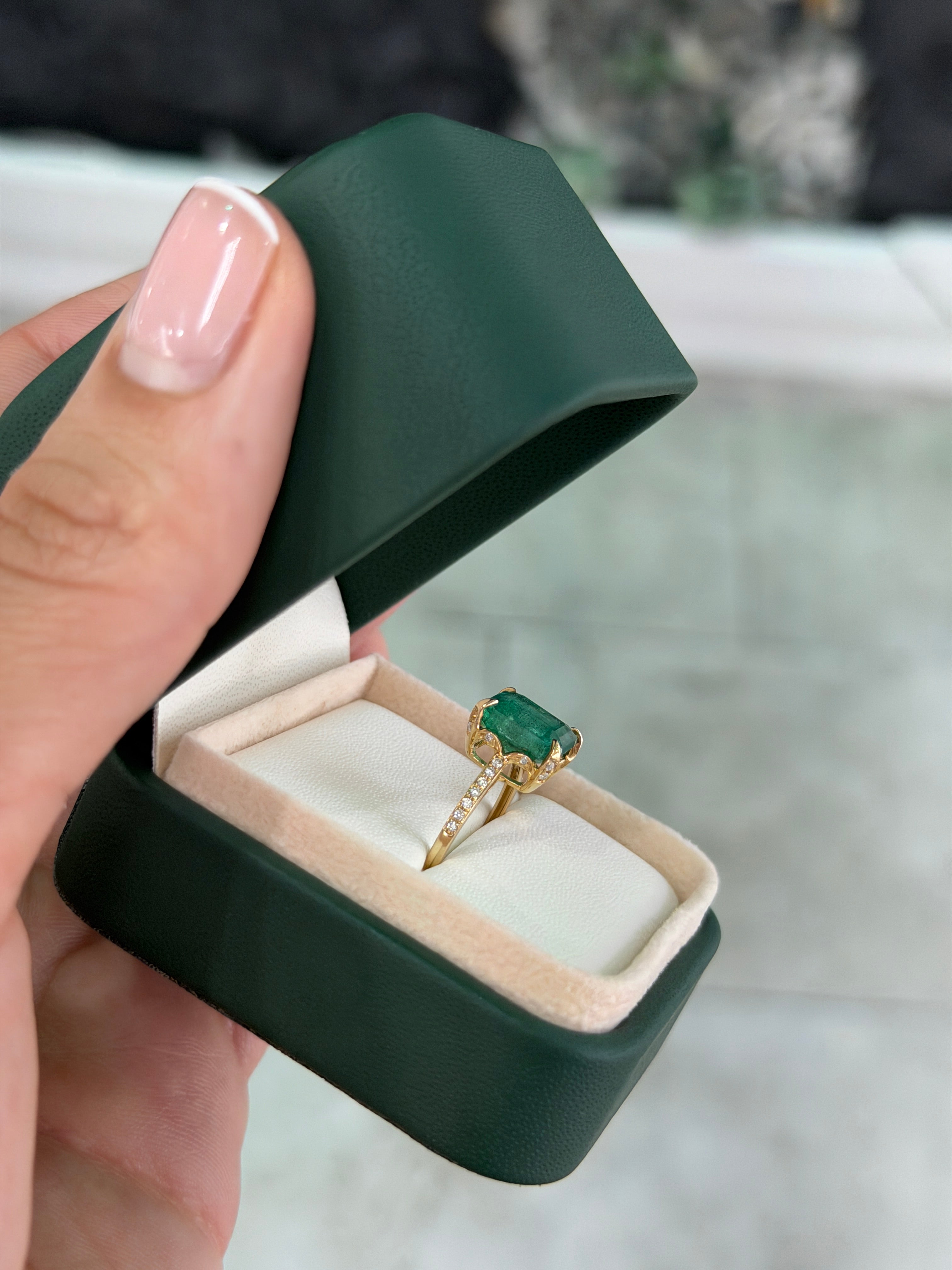 14K gold engagement ring with 3.50tcw natural emerald center stone, hidden diamond halo, and detailed shank by JR Colombian Emeralds.
