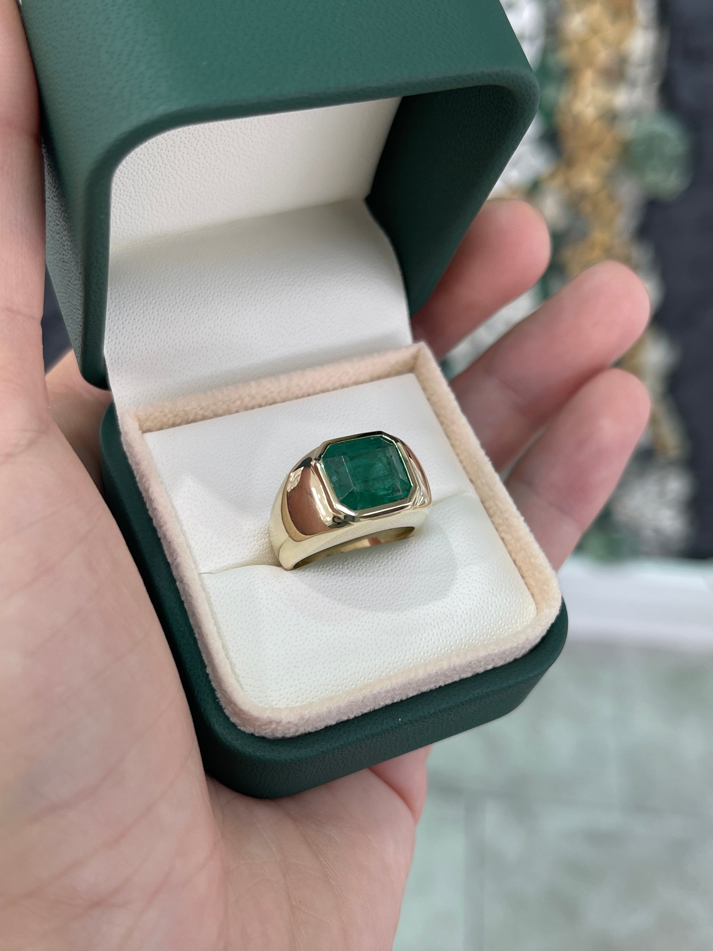4.40 Carat Wide Earth Mined Emerald Asscher Cut Unisex Bezel Signet Pinky Ring 14K - JR Colombian Emeralds