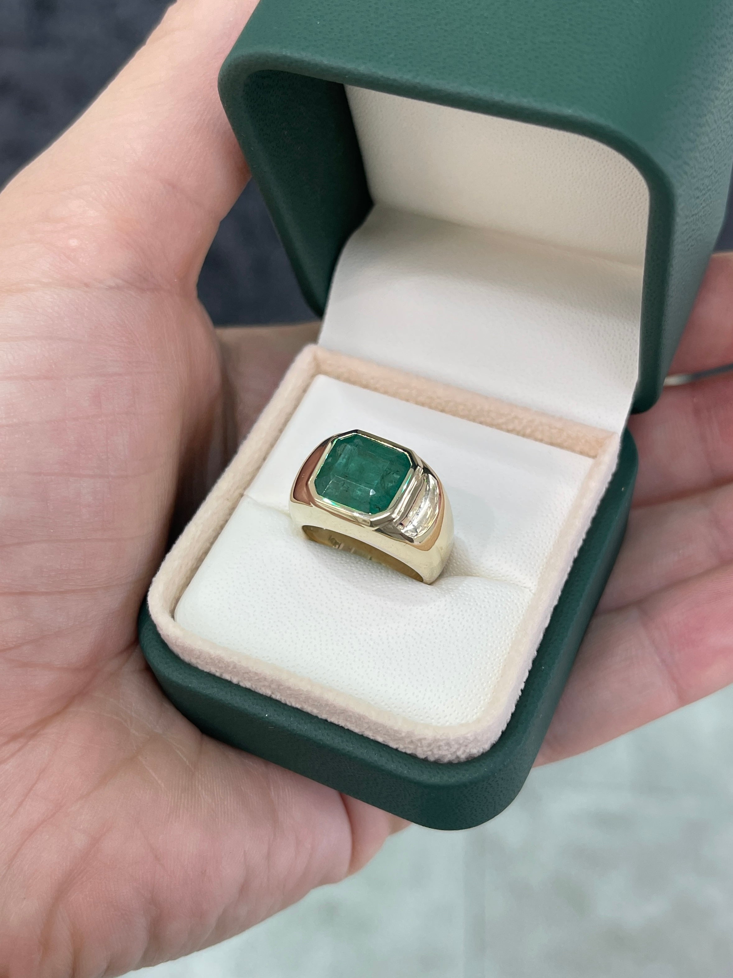 4.40 Carat Wide Earth Mined Emerald Asscher Cut Unisex Bezel Signet Pinky Ring 14K - JR Colombian Emeralds