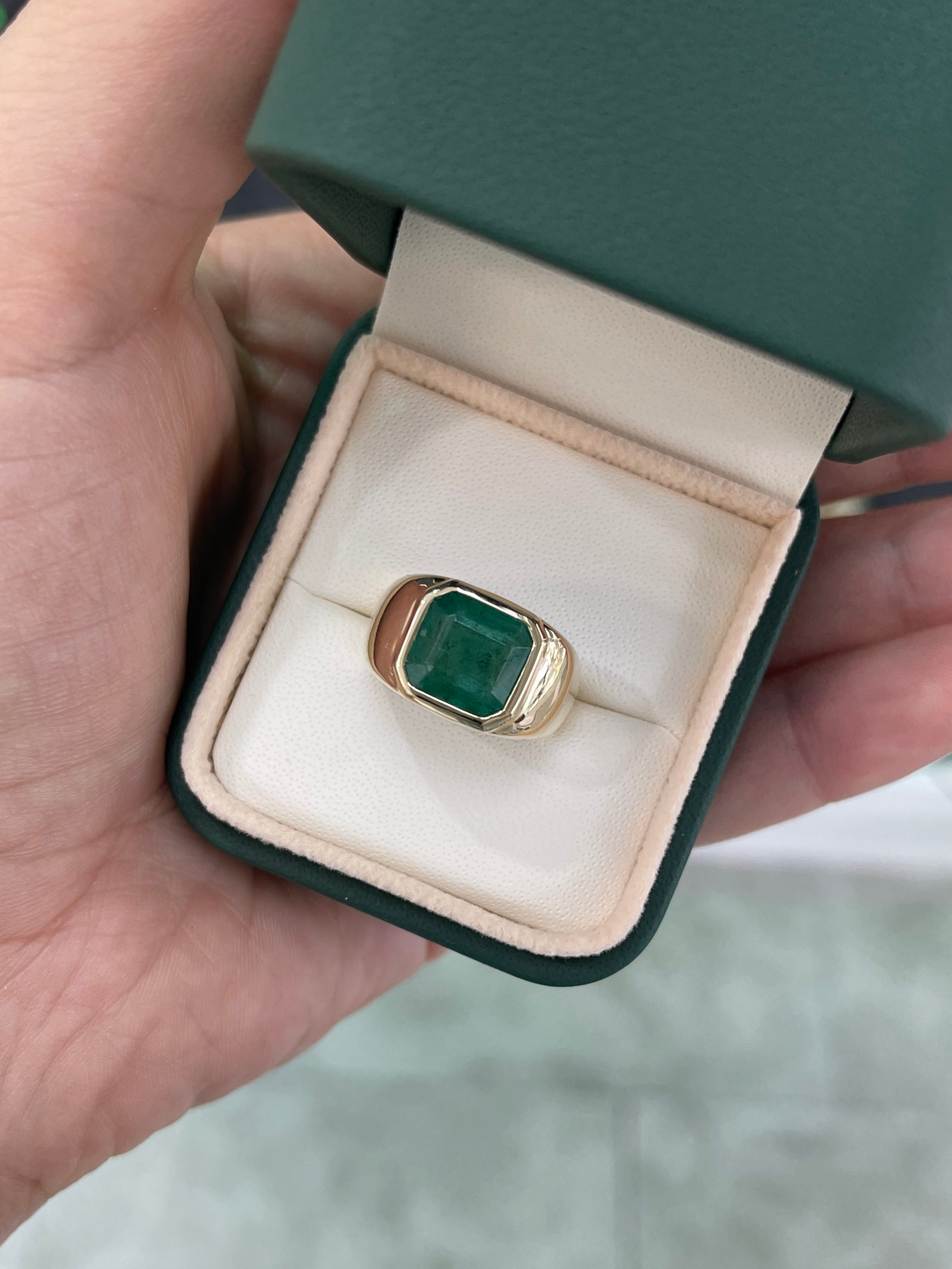 4.40 Carat Wide Earth Mined Emerald Asscher Cut Unisex Bezel Signet Pinky Ring 14K - JR Colombian Emeralds