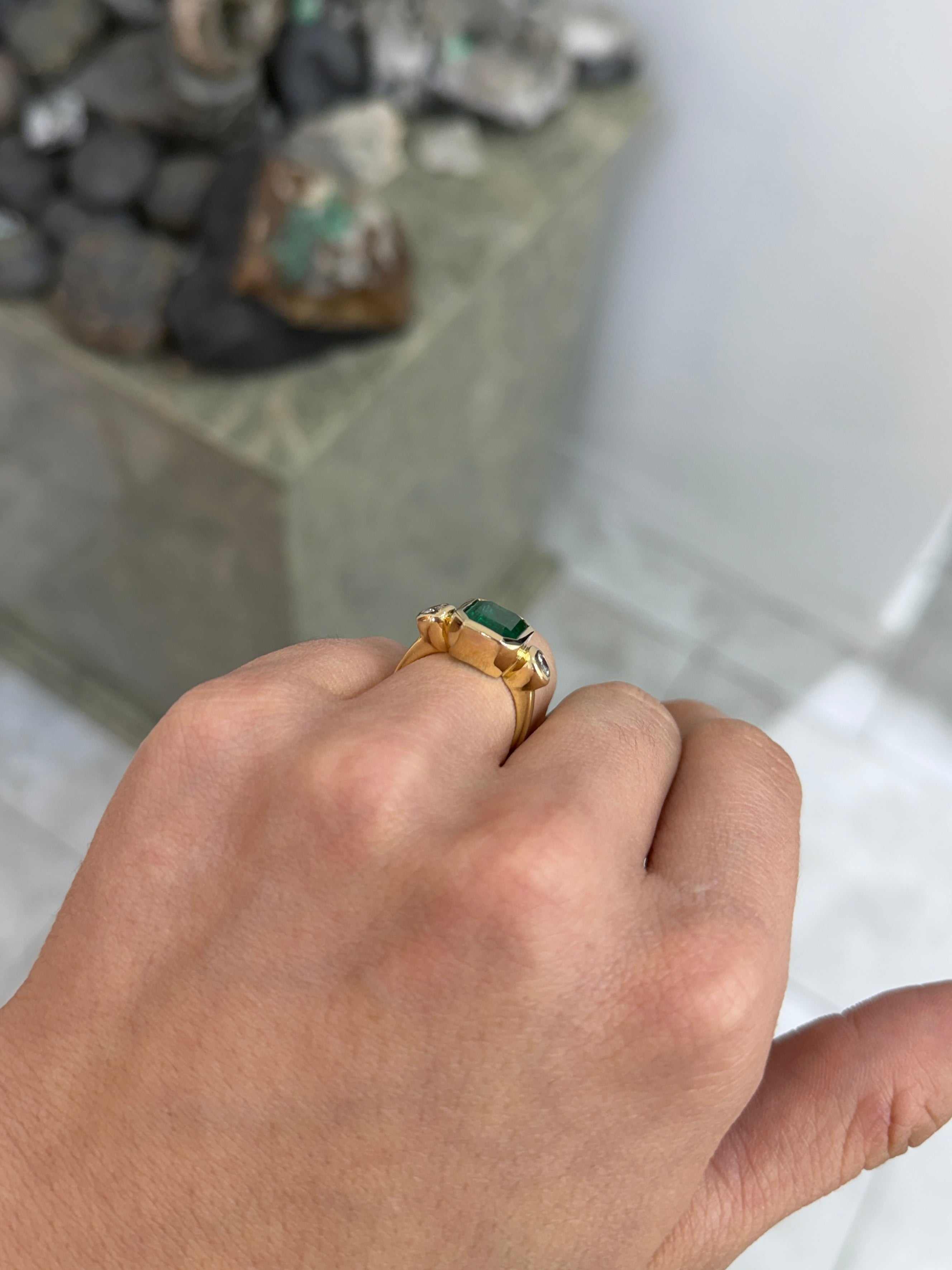 4.53tcw Natural Dark Emerald & Round Diamond Three Stone Ring 18K - JR Colombian Emeralds