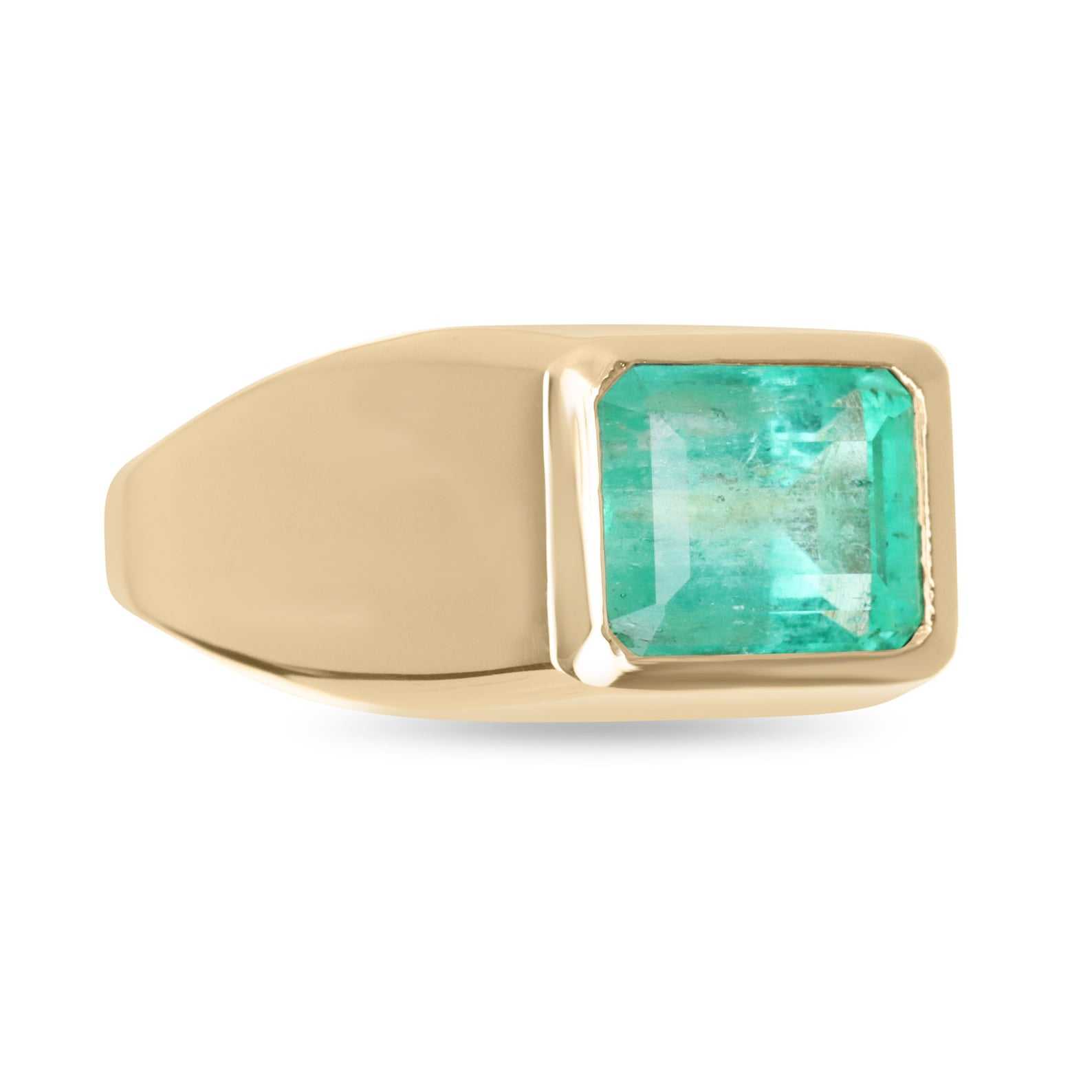 3.68 Carats Bezel Emerald Cut Colombian Emerald Signet Ring 18K