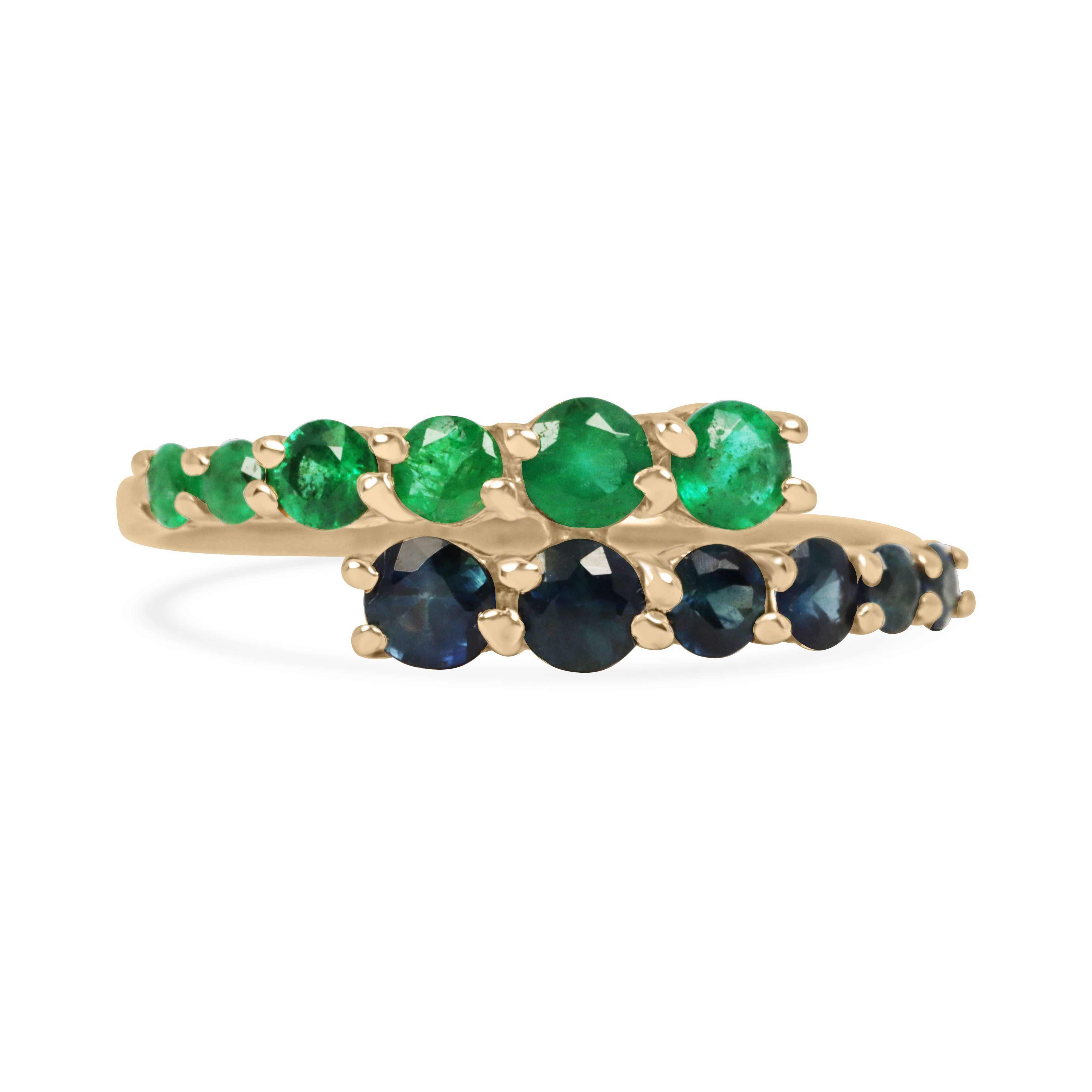 0.95tcw natural emerald and sapphire band ring in 14K yellow gold with round cut stones