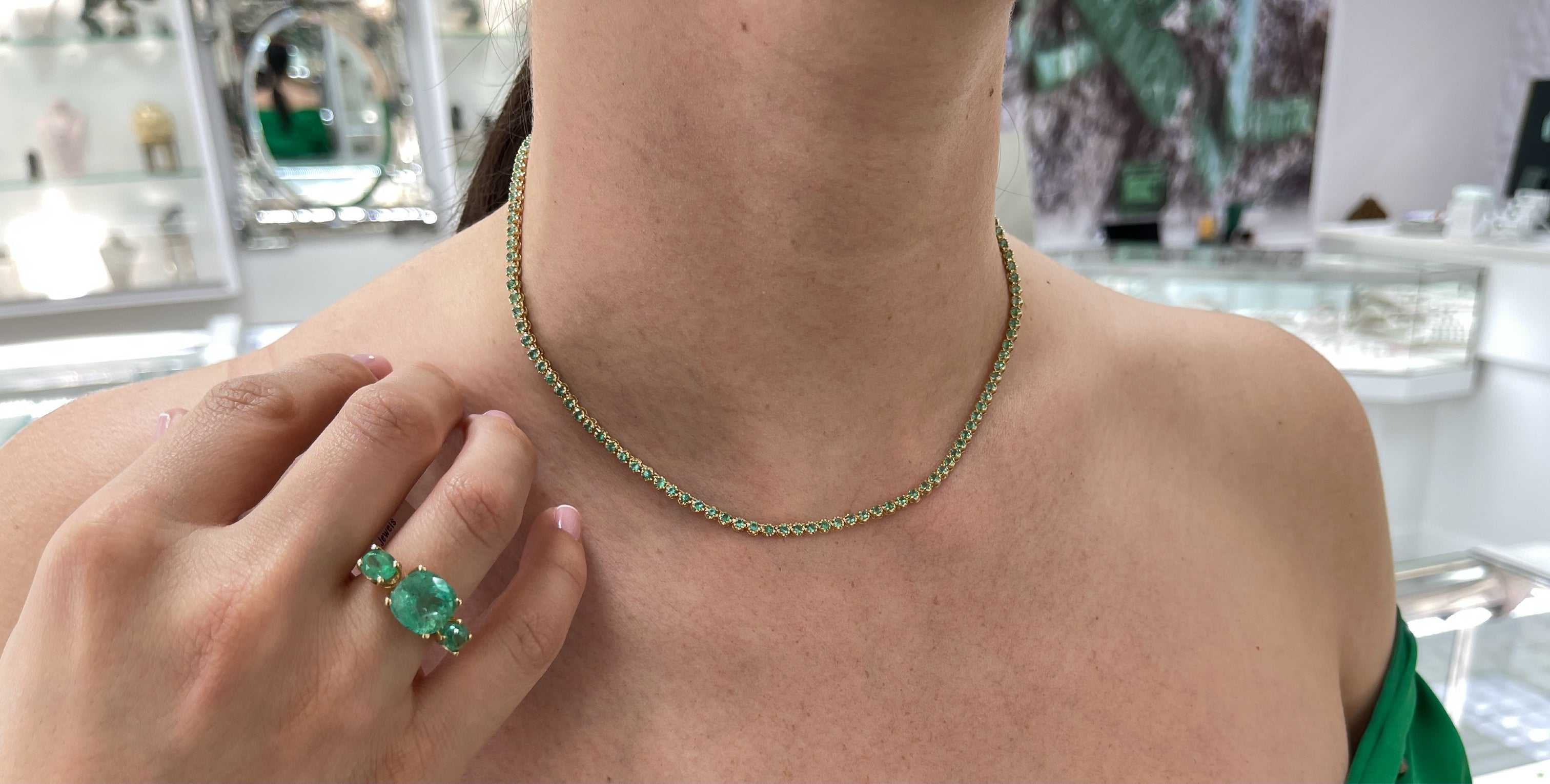 Green emerald round prong tennis necklace with 8.26 carats in 14K gold, 17-inch length from JR Colombian Emeralds.