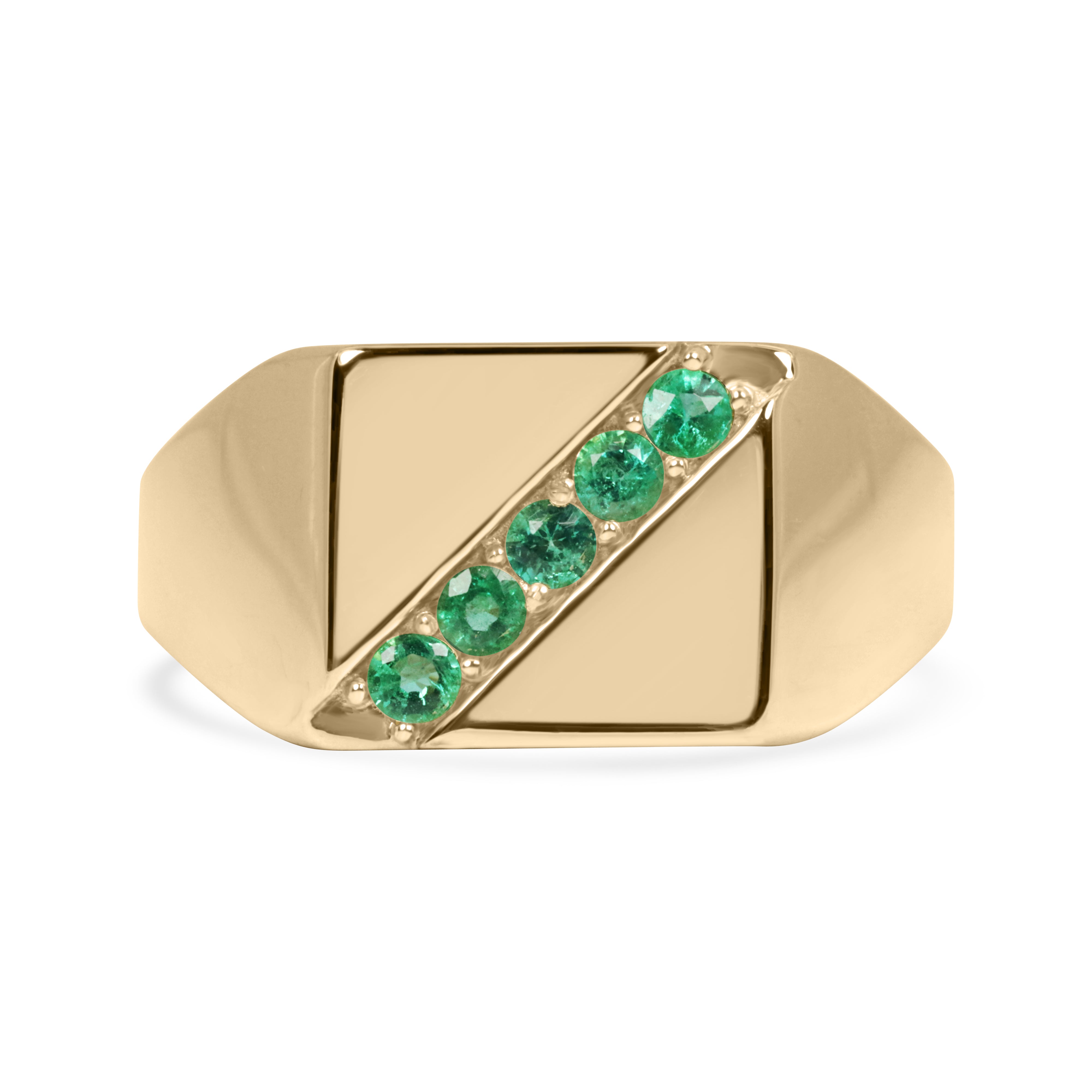 14K gold men's signet ring with round emeralds and channel setting, featuring 0.35 carats total weight from JR Colombian Emeralds.
