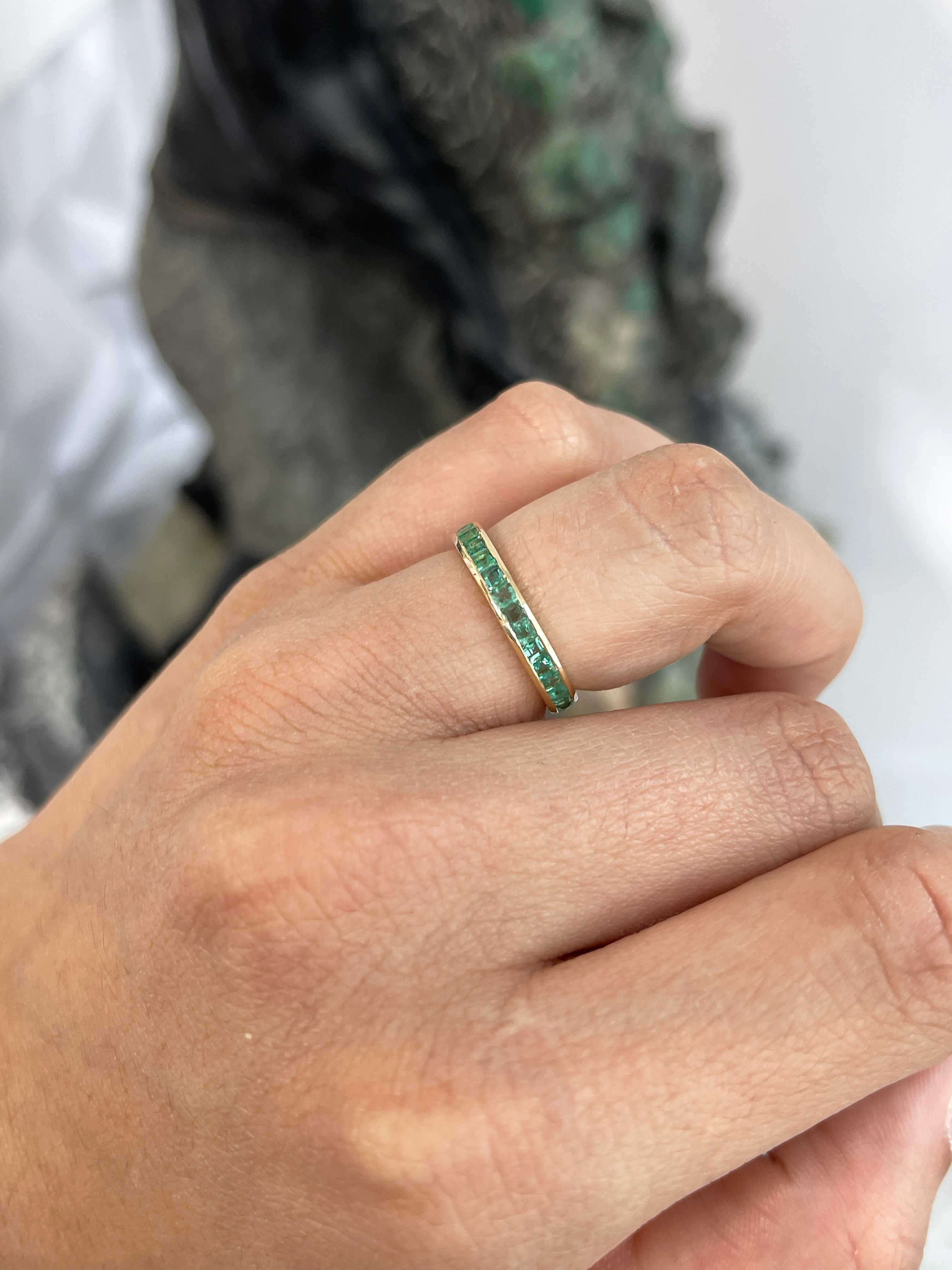 14K gold princess cut emerald channel set eternity band featuring 1.44 tcw of vibrant emeralds by JR Colombian Emeralds