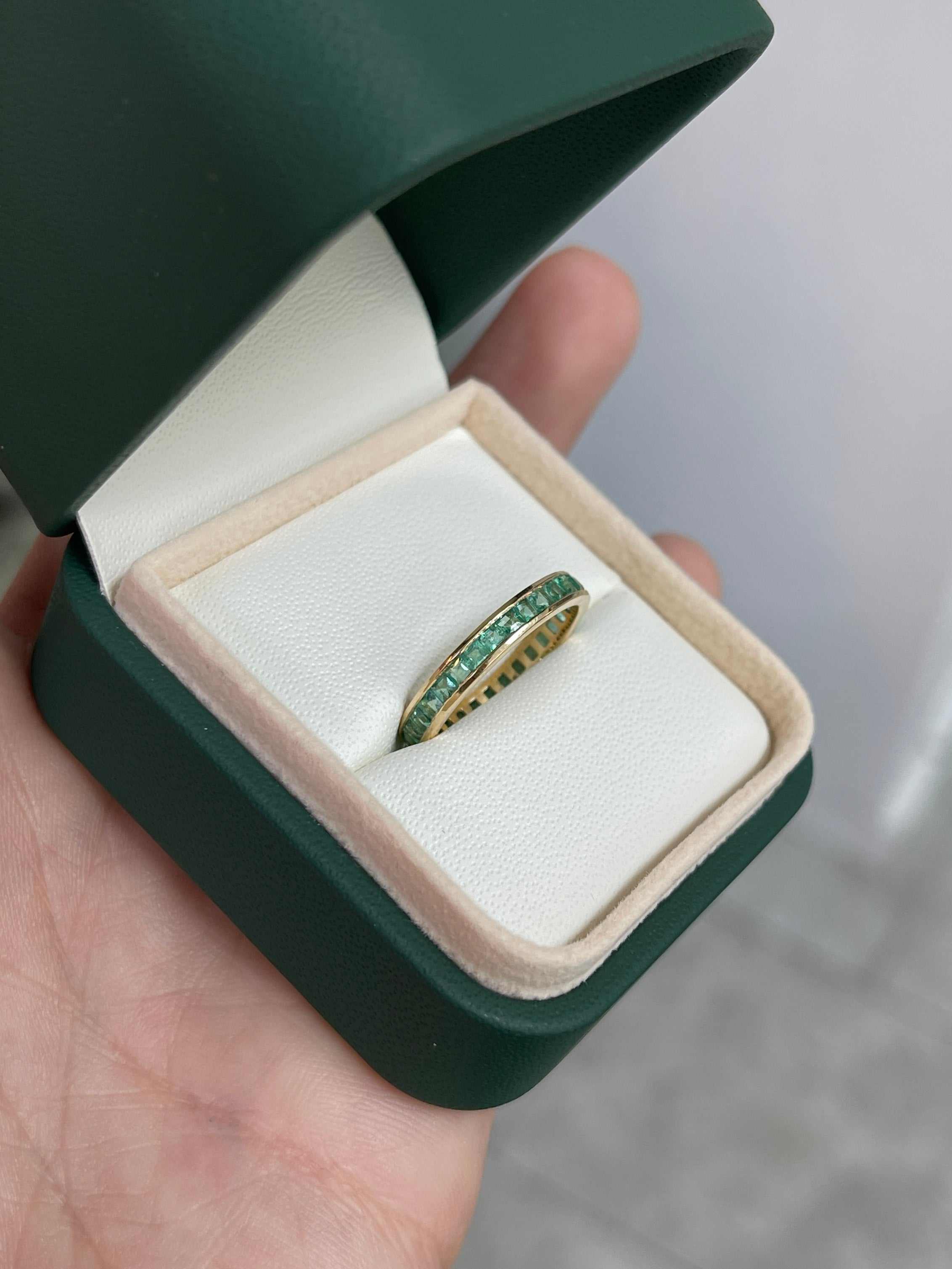 14K gold eternity band with princess-cut emeralds, channel set, 1.44 tcw JR Colombian Emeralds jewelry.