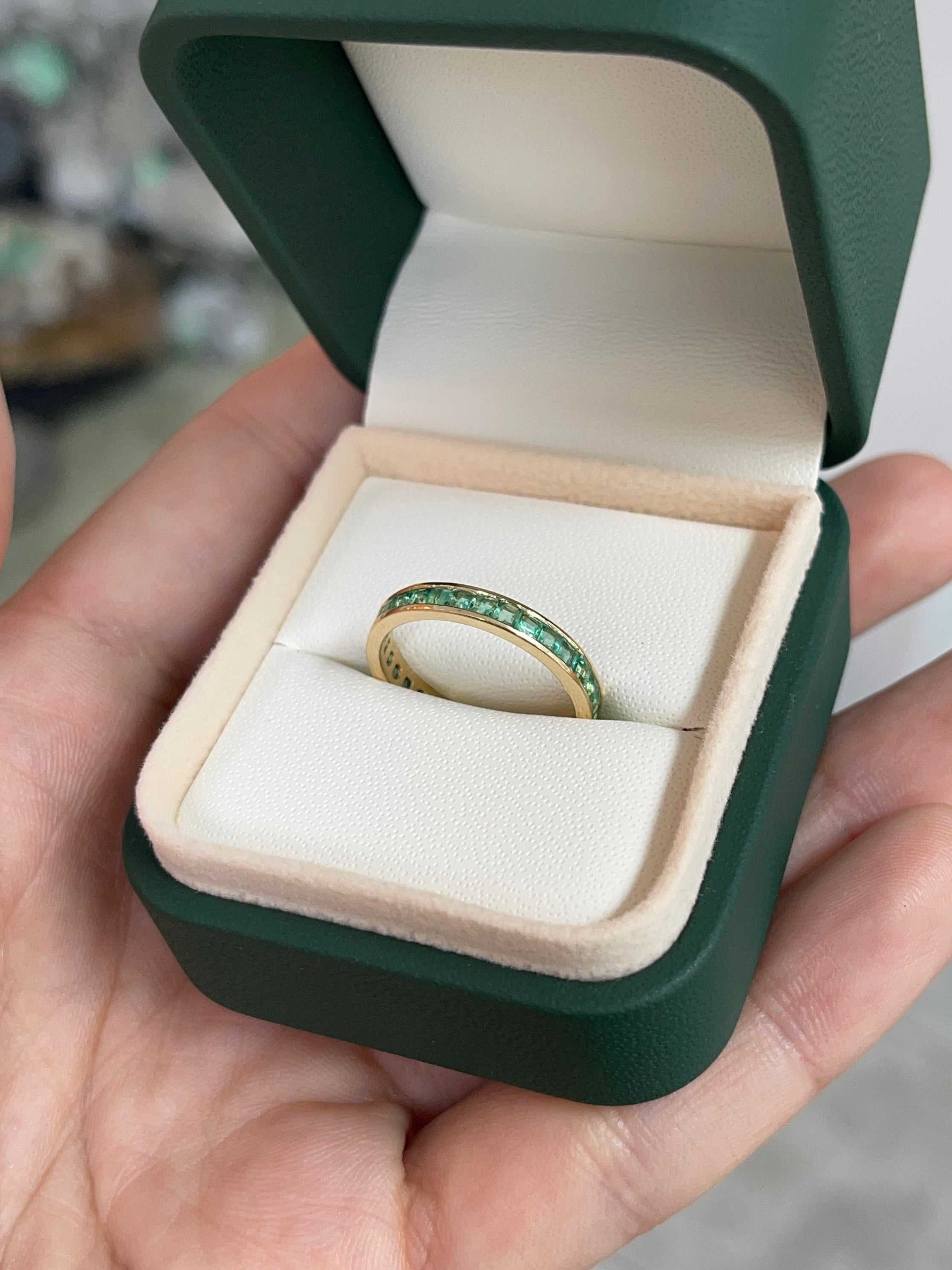 14K gold princess cut emerald channel set eternity band with 1.44 tcw of vibrant green emeralds by JR Colombian Emeralds