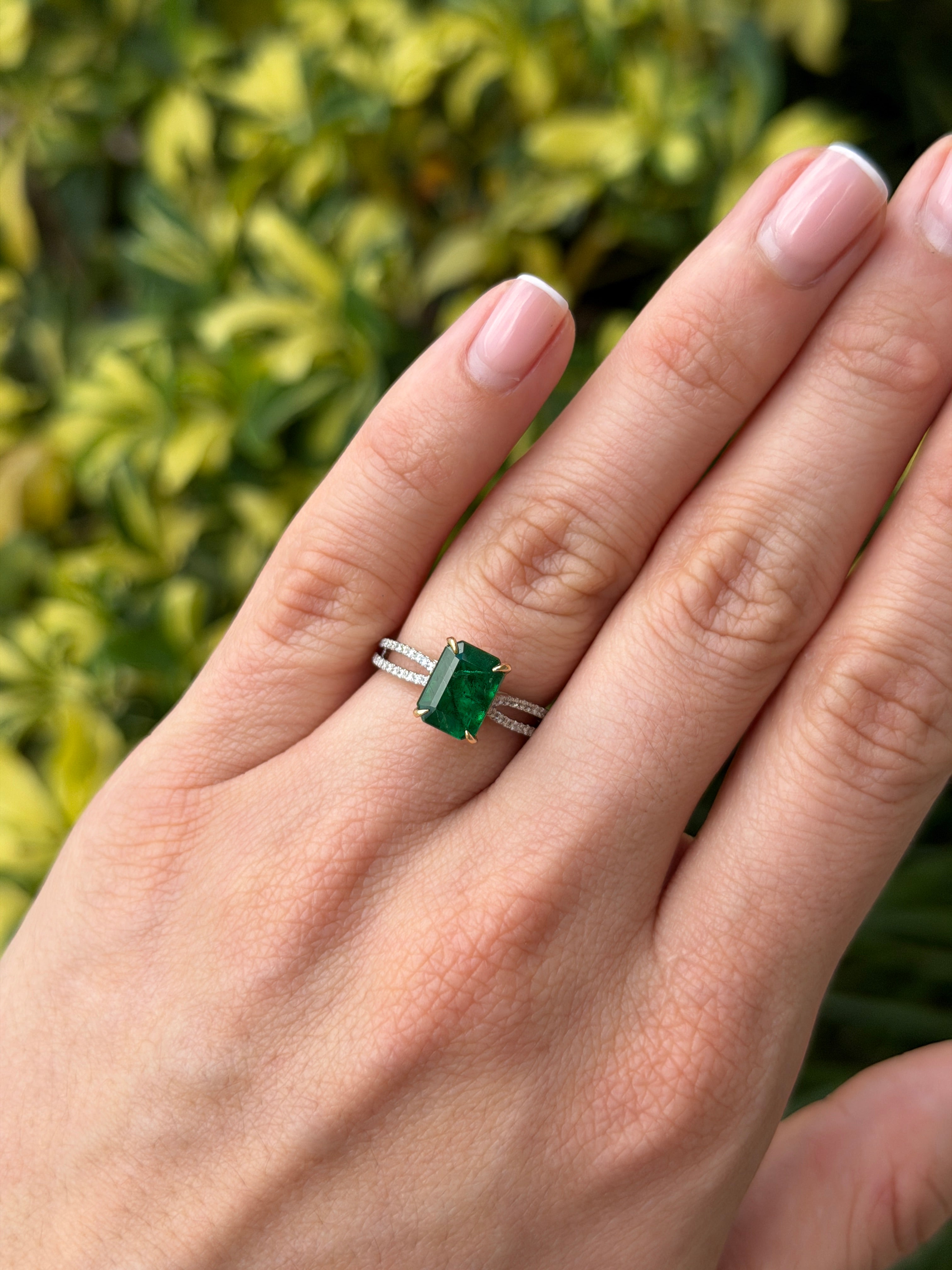 2.75tcw 18K/PLAT Deep Green Emerald & Diamond Split Shank Engagement Ring