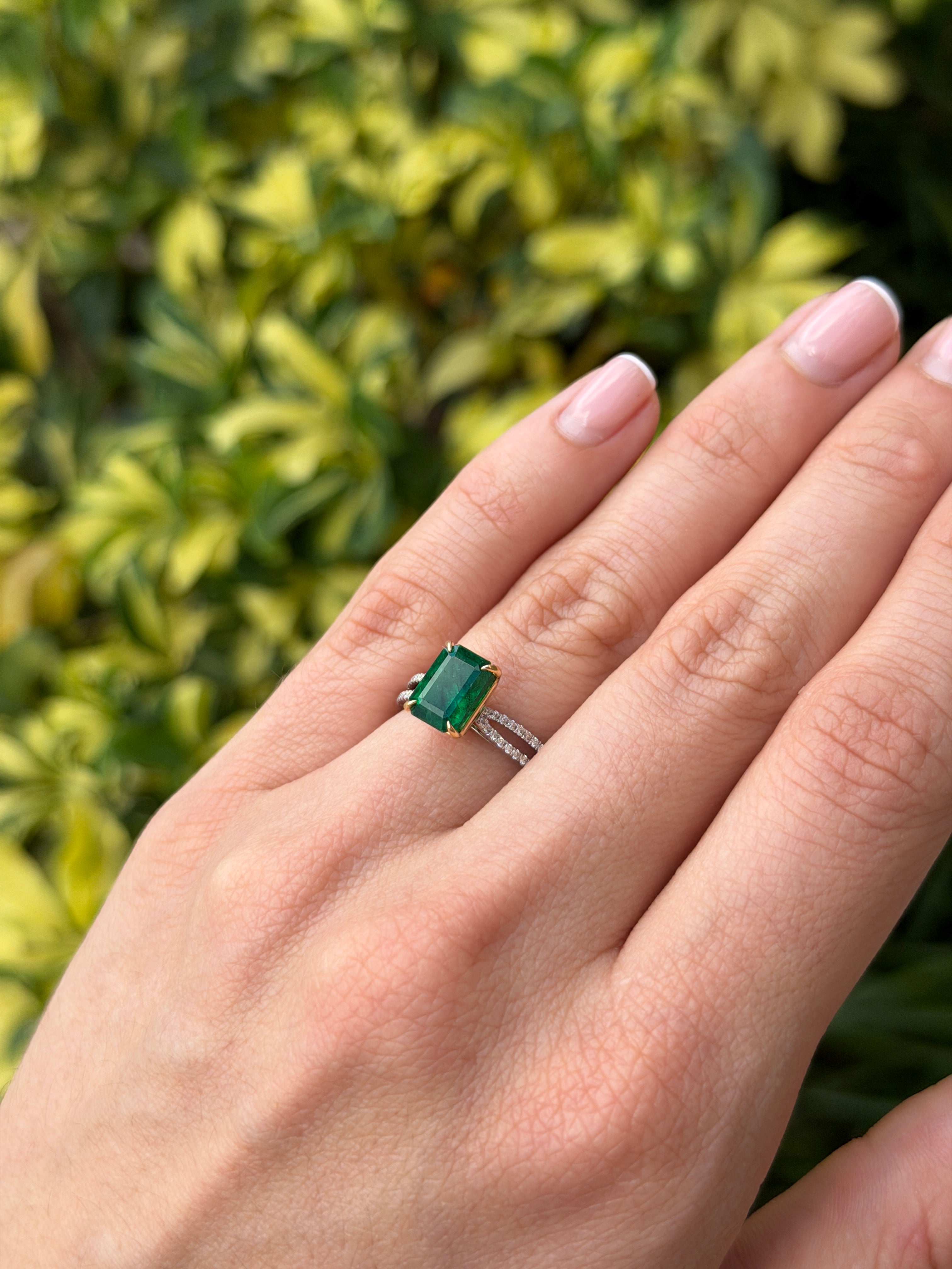 2.75tcw 18K/PLAT Deep Green Emerald & Diamond Split Shank Engagement Ring