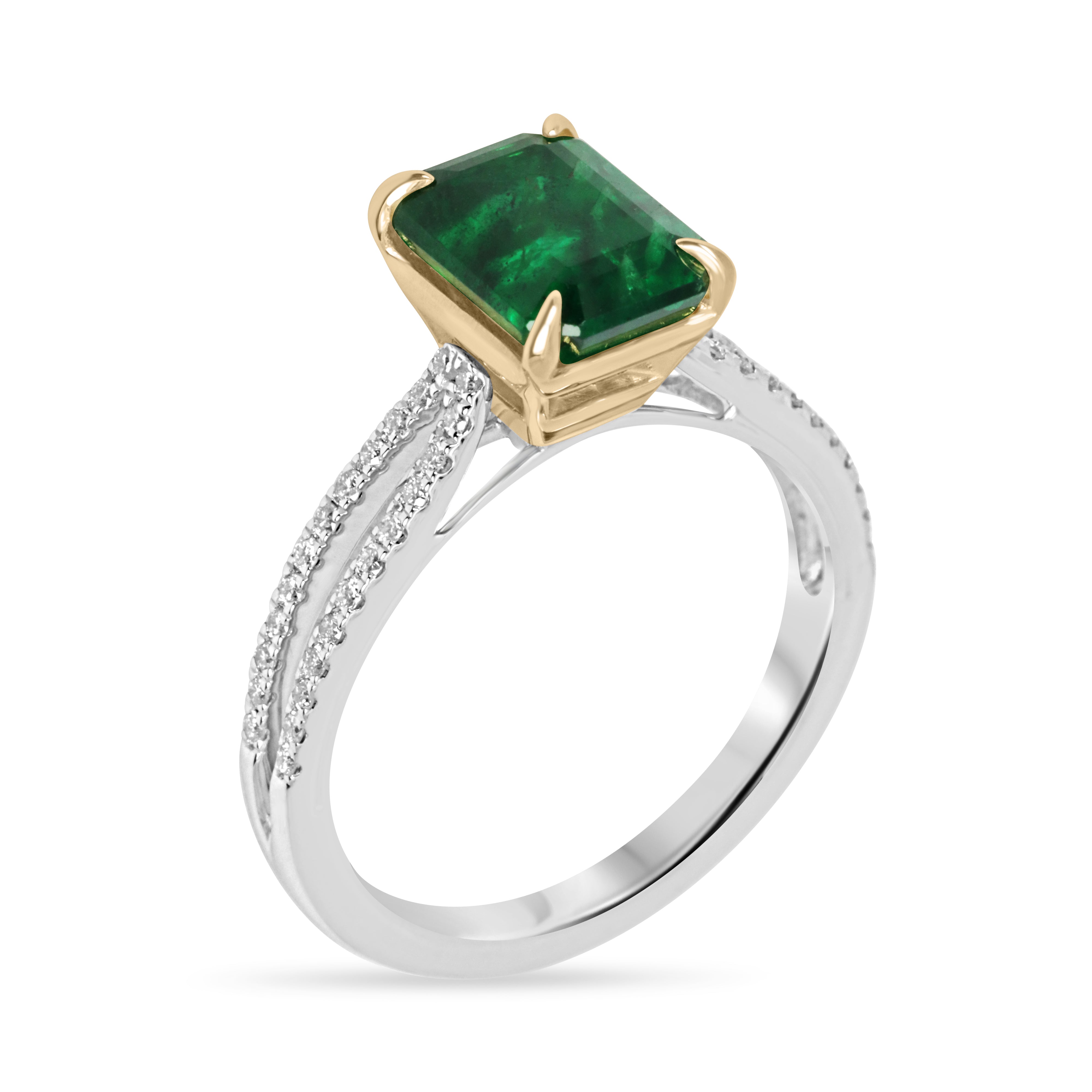 18K/PLAT deep green emerald and diamond split shank engagement ring with 2.75tcw from JR Colombian Emeralds.