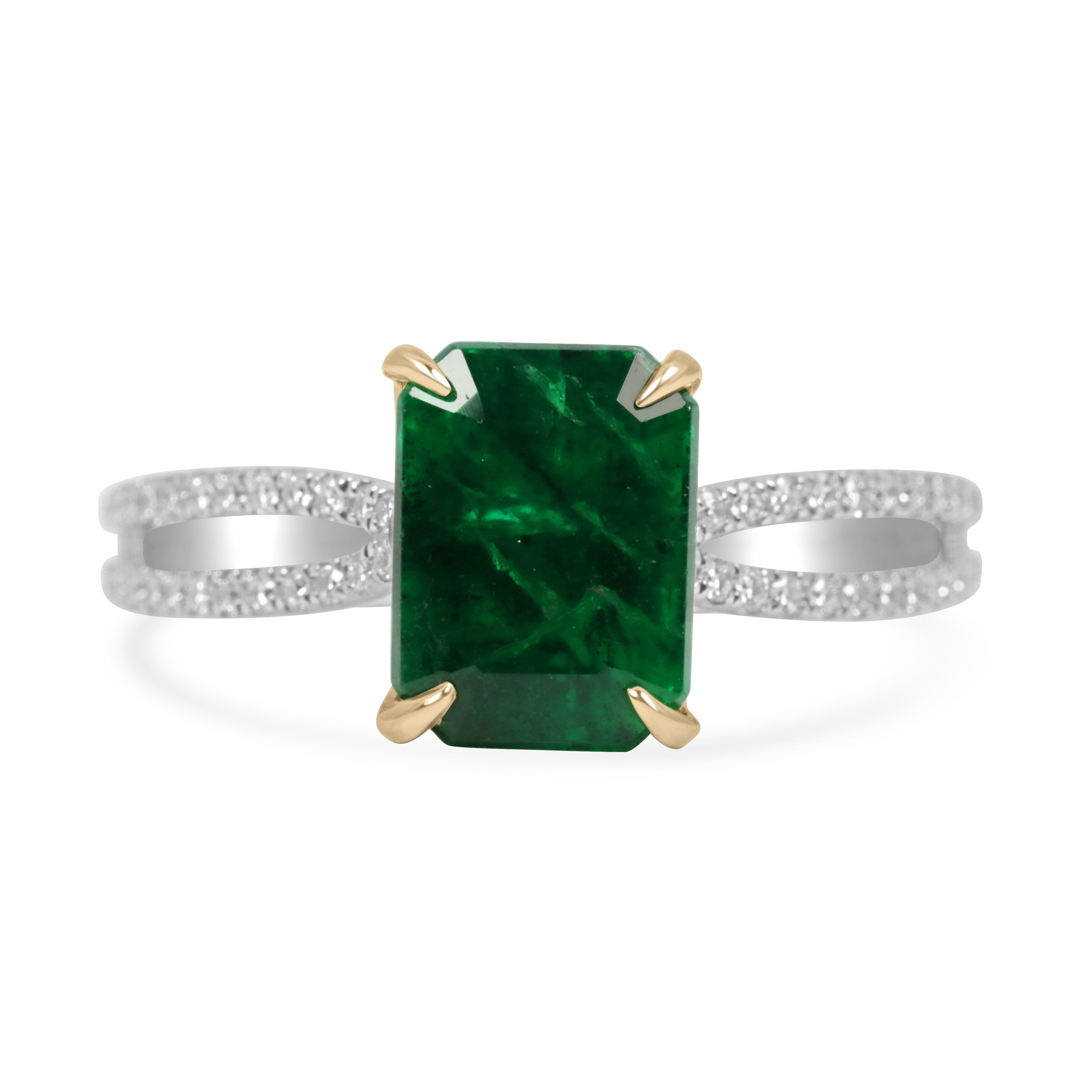 Deep green emerald and diamond split shank engagement ring in 18K gold and platinum by JR Colombian Emeralds.