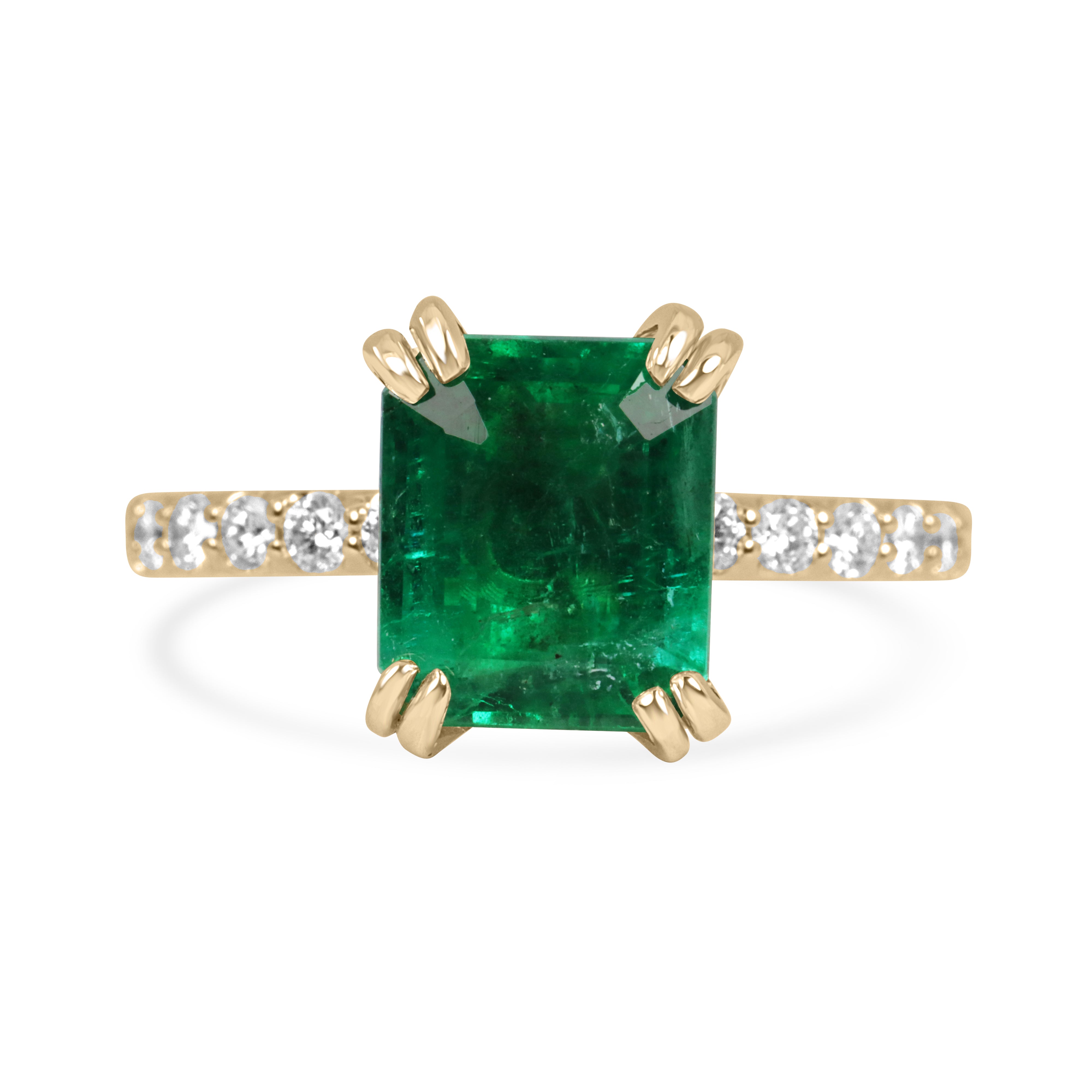 Emerald solitaire engagement ring with double prong setting and diamond accents in 14K gold by JR Colombian Emeralds.