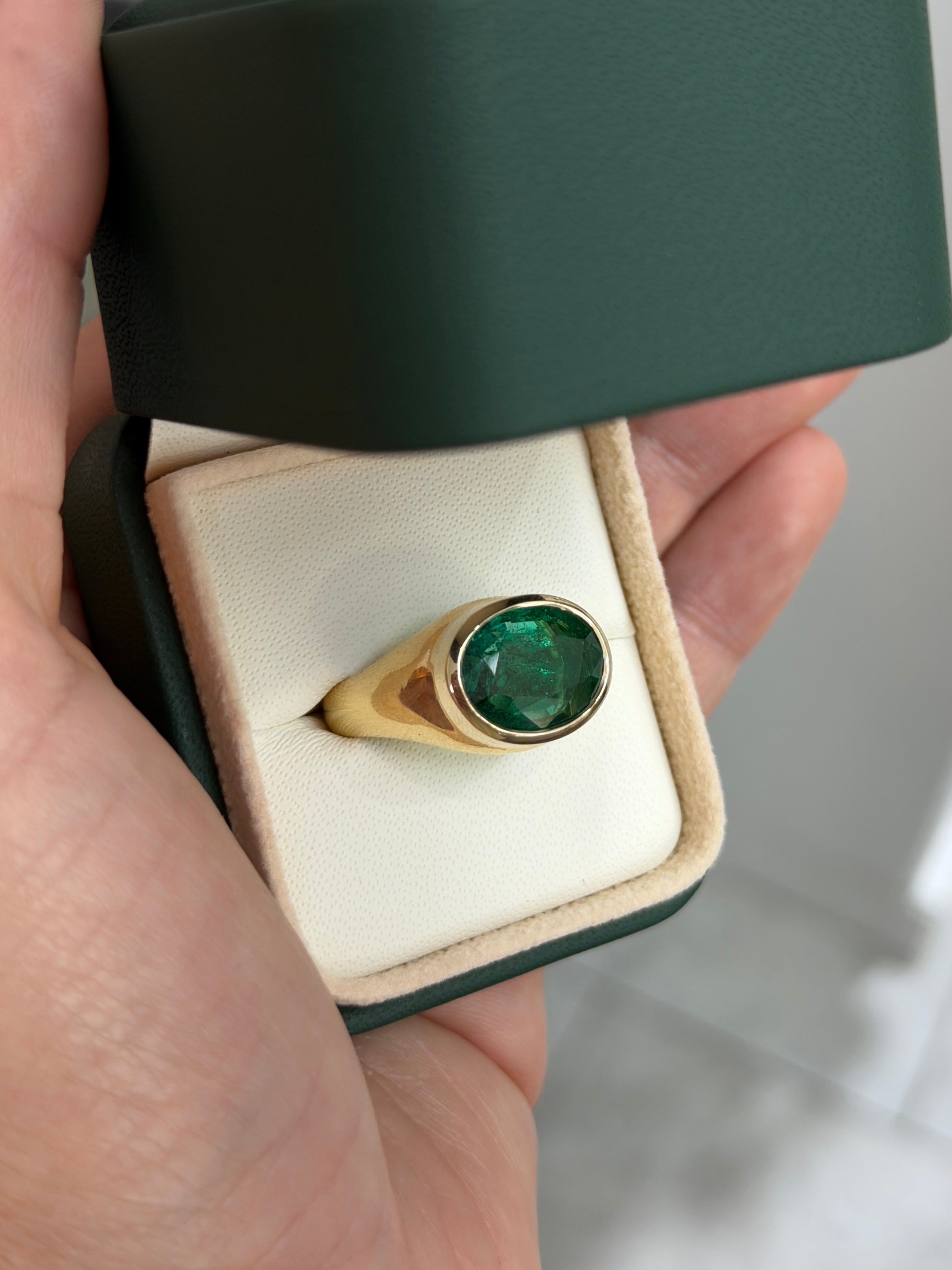 5.87 Carat East to West Oval Emerald Signet Ring 14K Gold - JR Colombian Emeralds