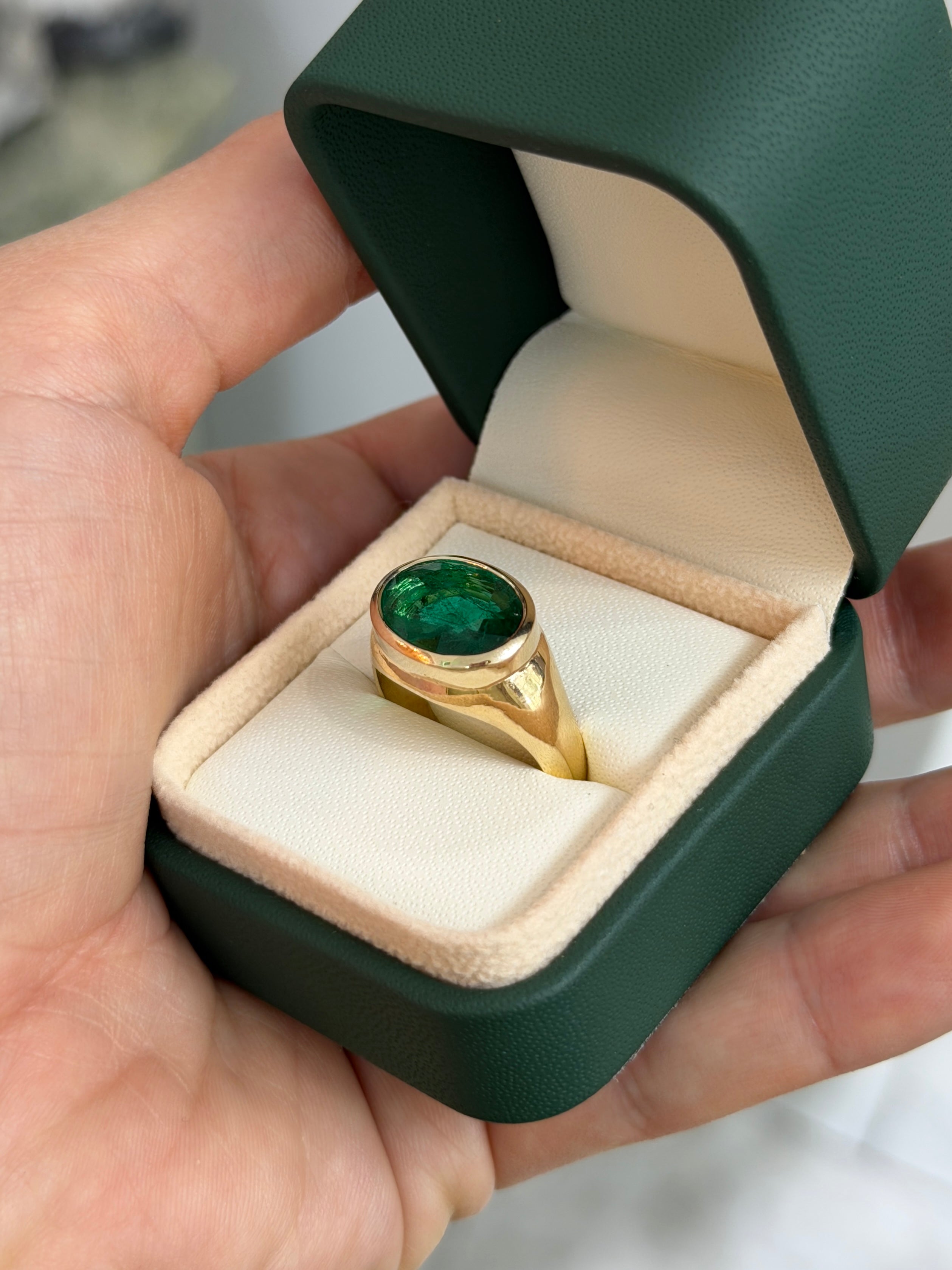 5.87 Carat East to West Oval Emerald Signet Ring 14K Gold - JR Colombian Emeralds