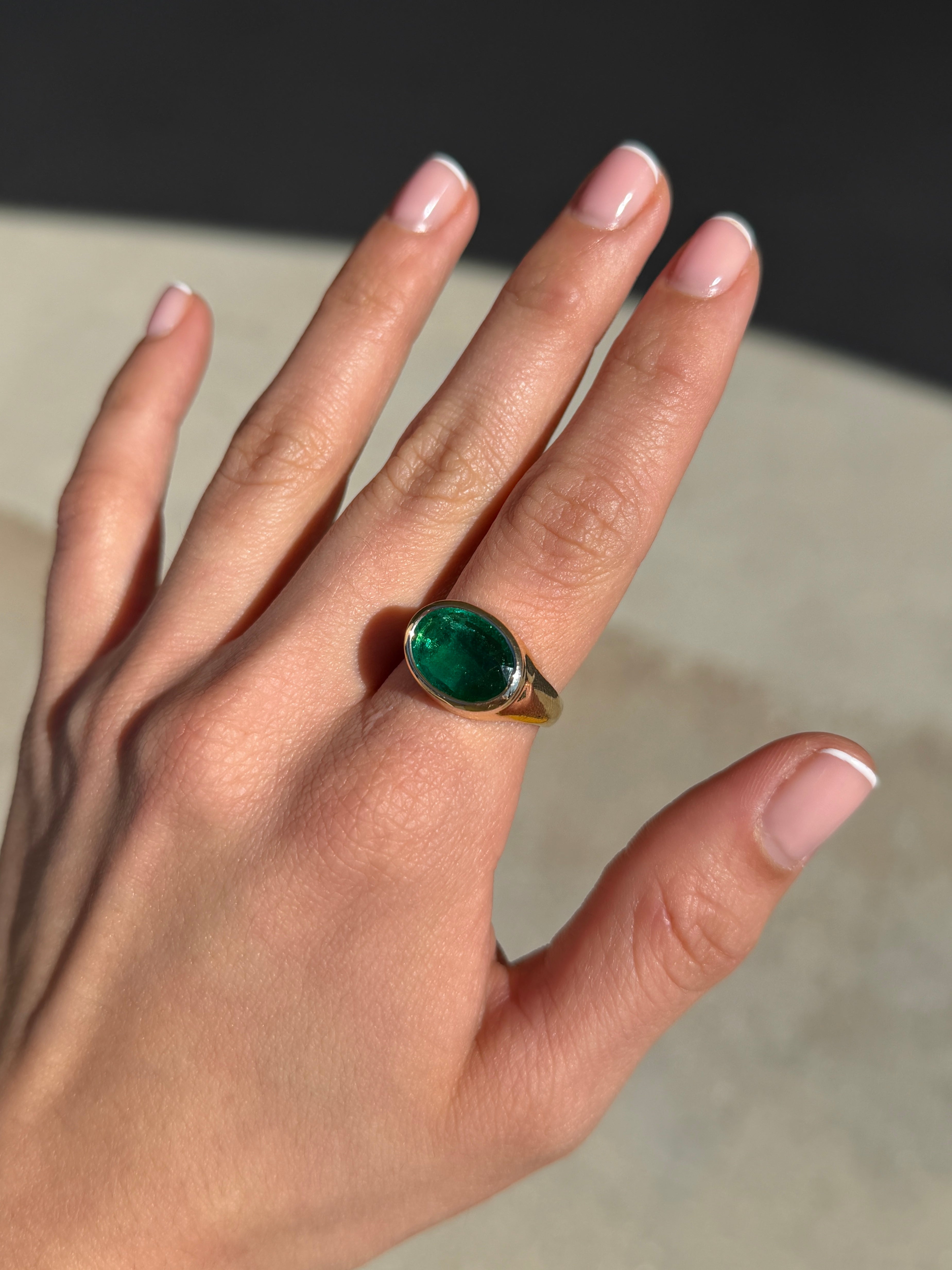 5.87 Carat East to West Oval Emerald Signet Ring 14K Gold - JR Colombian Emeralds