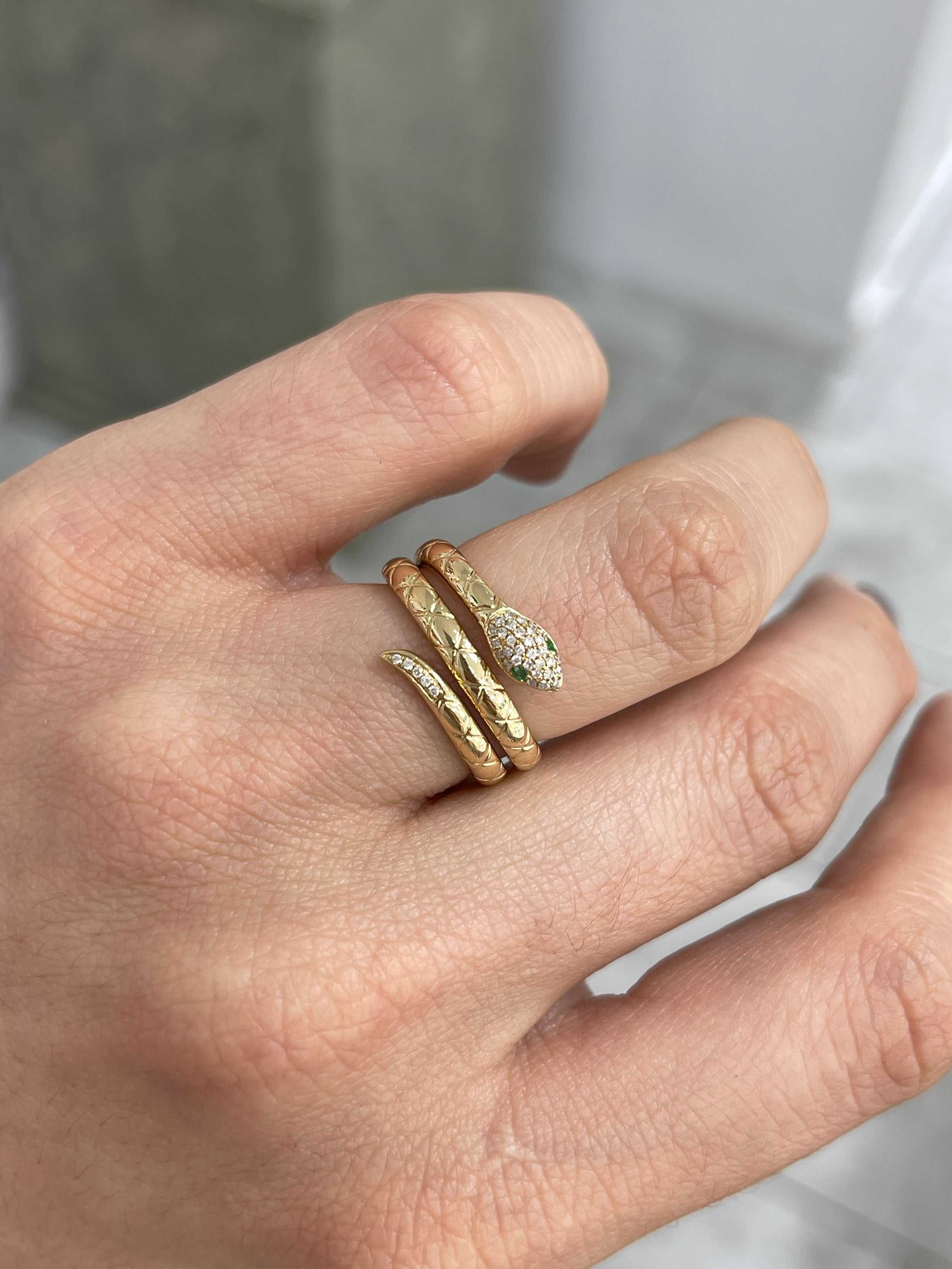 Emerald & Diamond Snake Ring 14K Gold - JR Colombian Emeralds