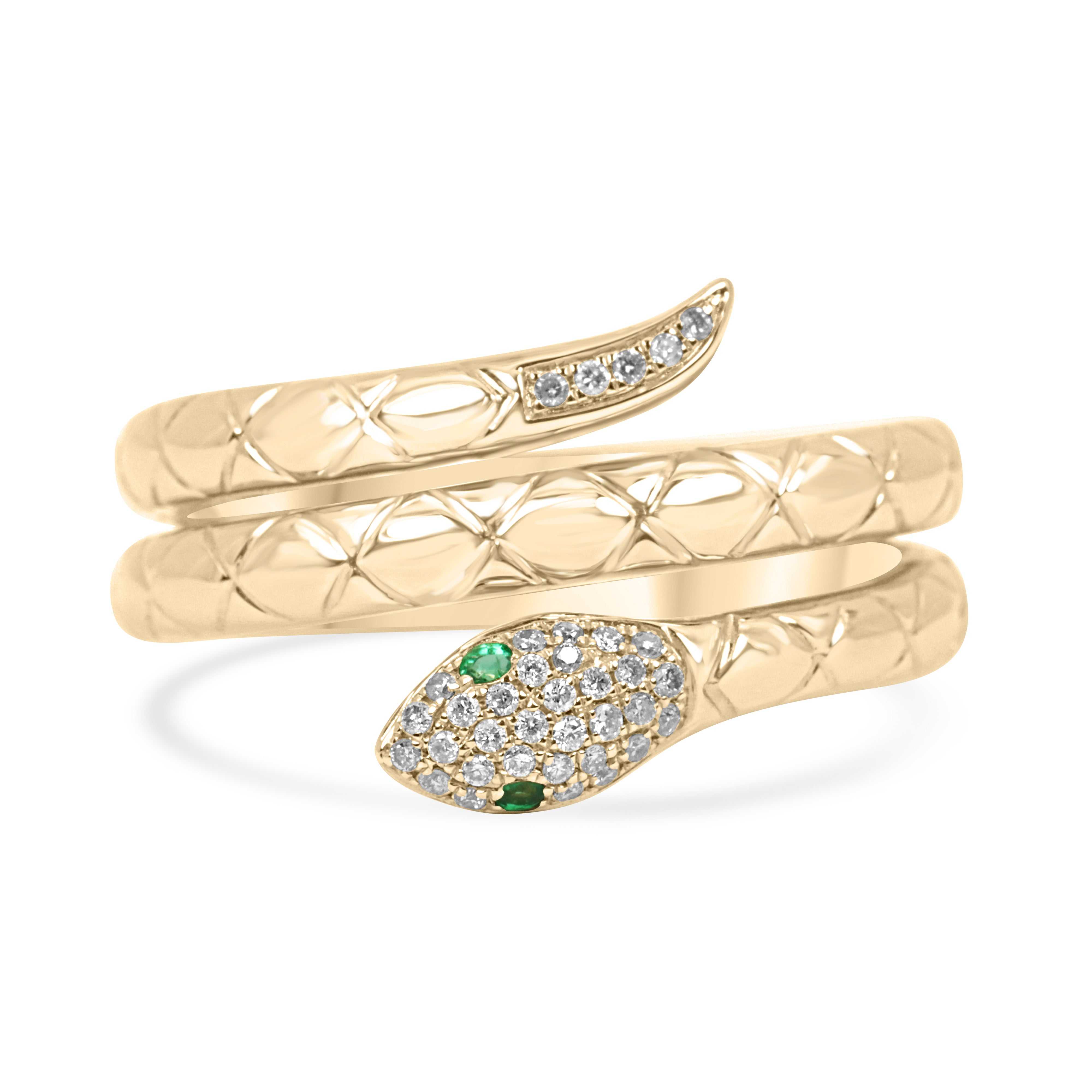14K gold emerald and diamond pave snake ring with green emerald eyes and round diamonds