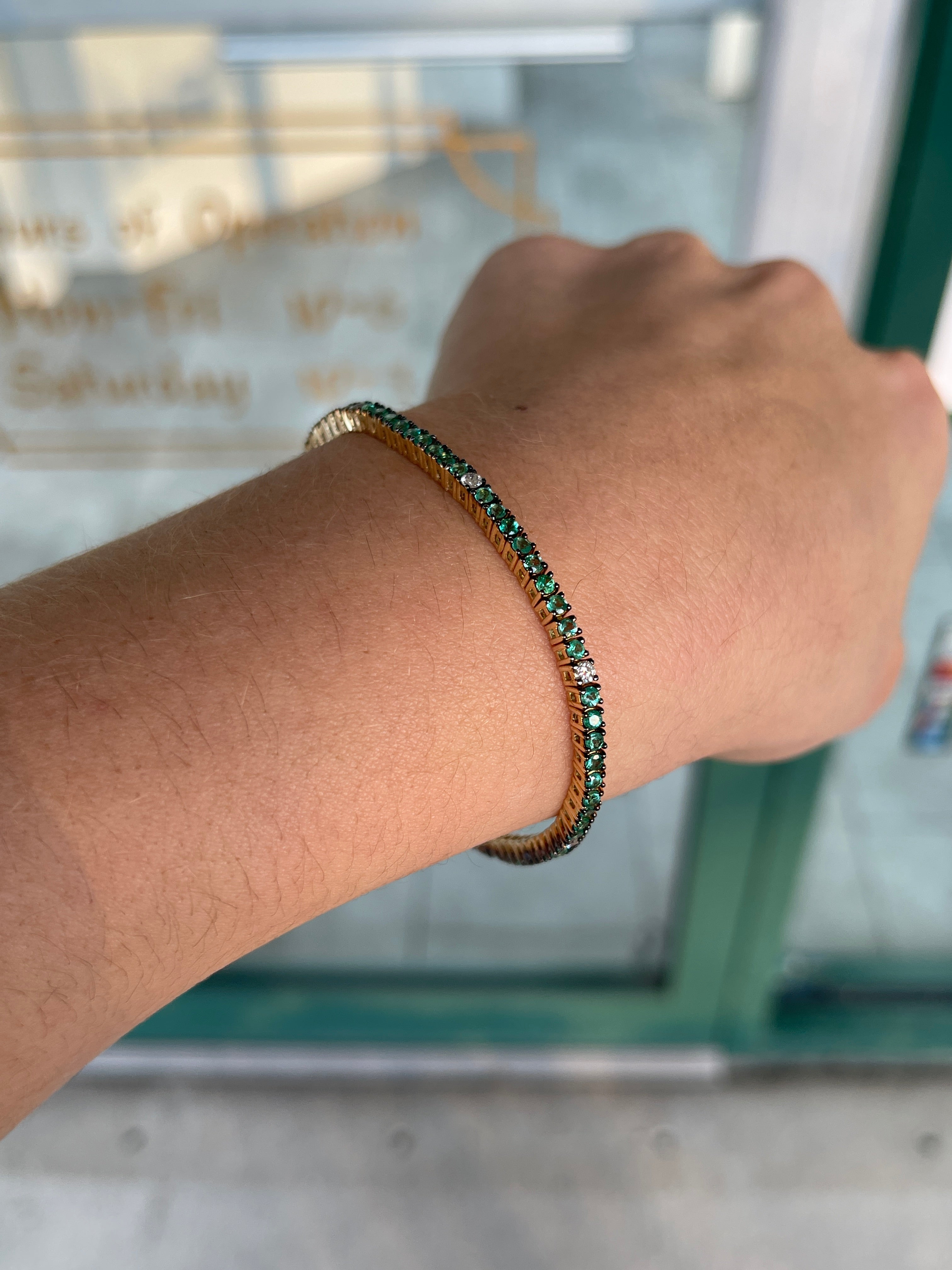 2.58tcw Emerald & Diamond Tennis Bracelet with Blackened Gold Rim 14K - JR Colombian Emeralds