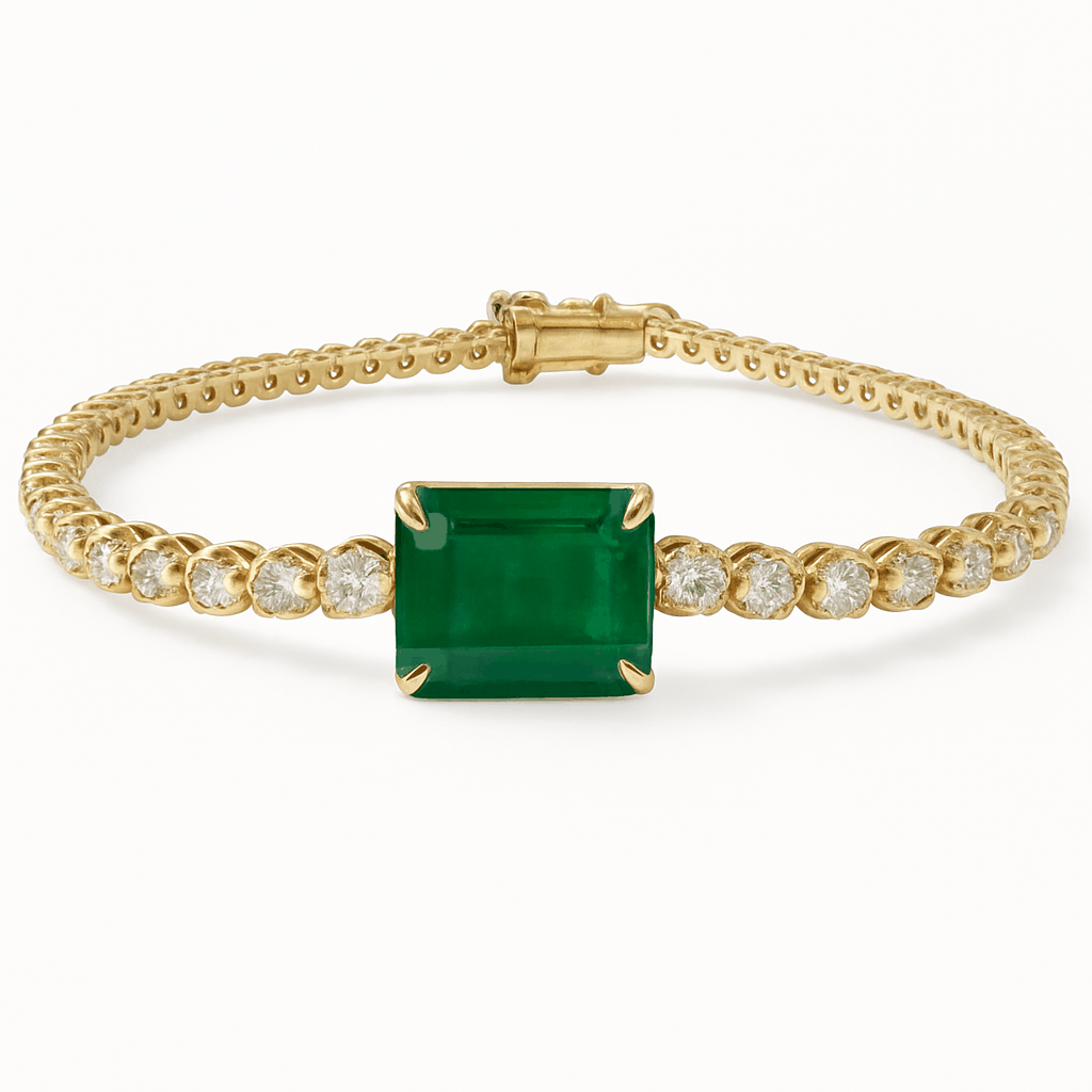14K gold tennis bracelet with 3.18tcw natural emerald center stone and round diamonds