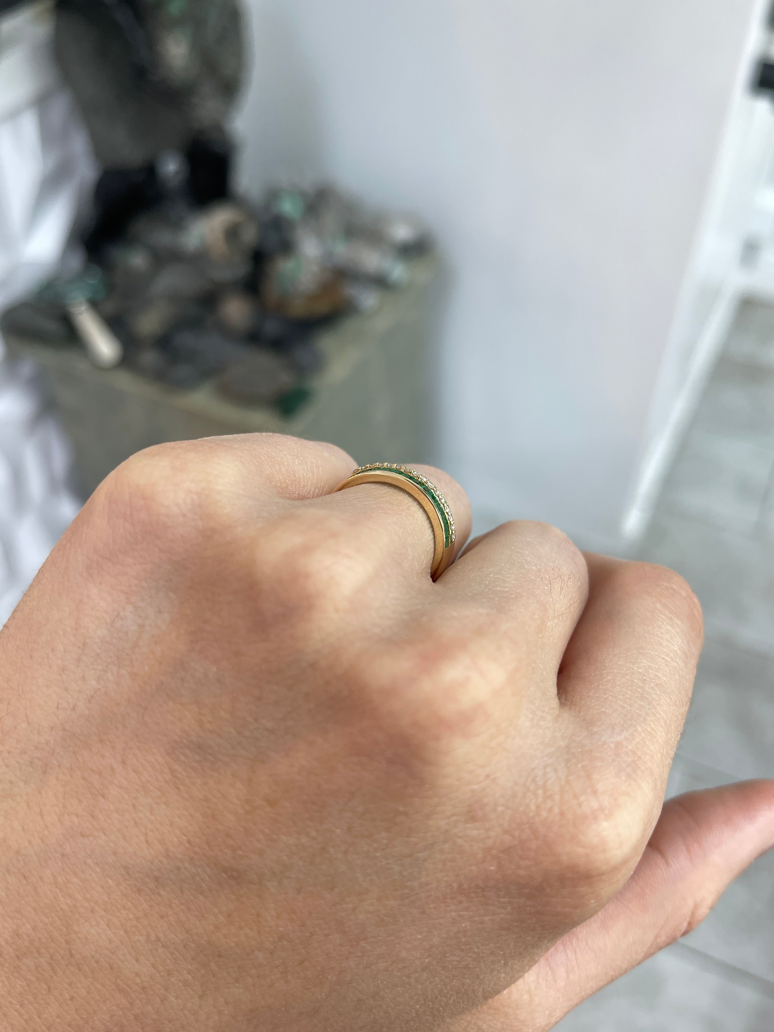 Three-row square emerald and diamond wedding band in 14K gold, featuring intricate design by JR Colombian Emeralds.